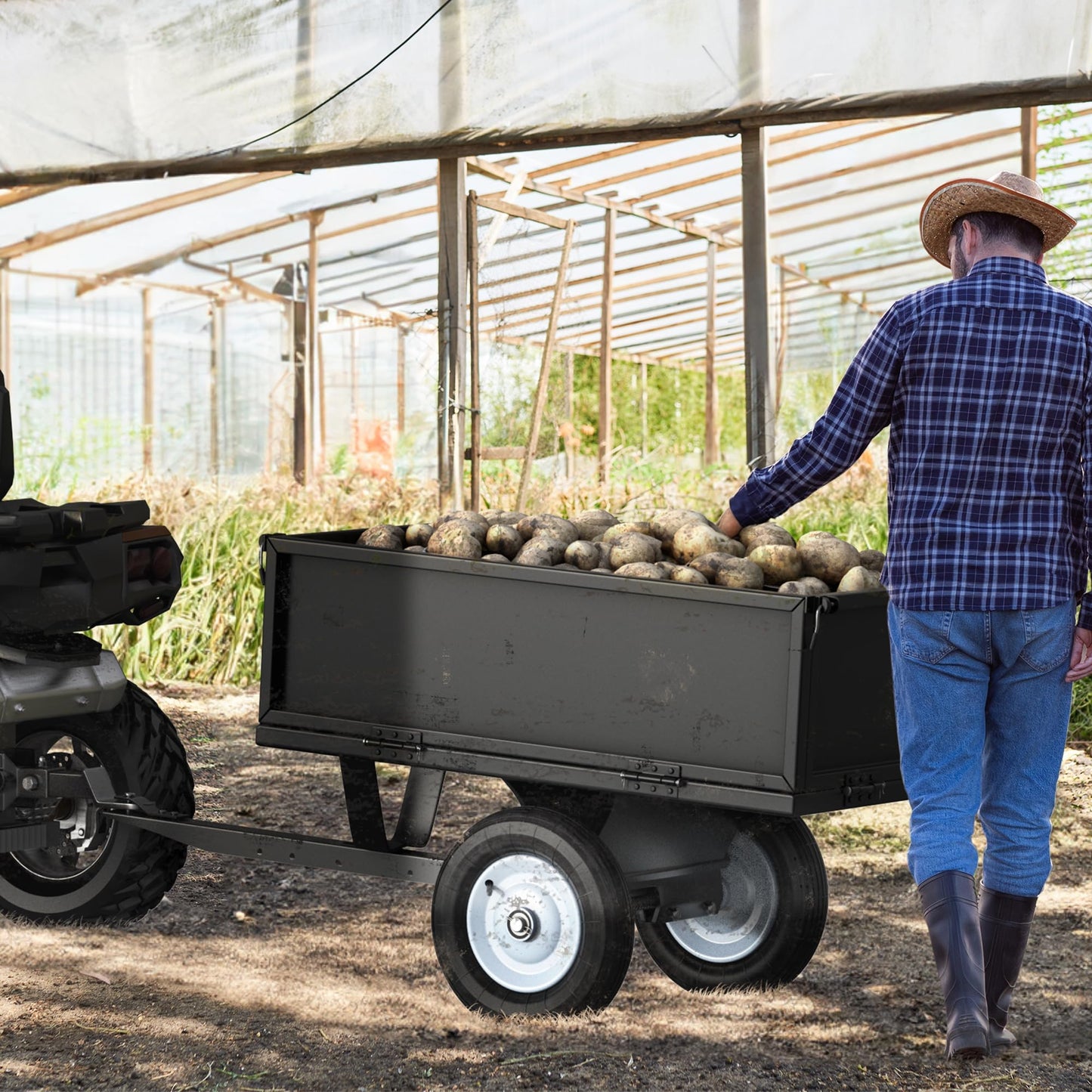 YINTATECH ATV Trailer Steel Dump Cart,Heavy Duty Pull Behind Dump Trailer with Fold-Down Side Panels, Yard Garden Utility Trailer for Lawn Mower Trailer Tractor, Alloy Steel, Black