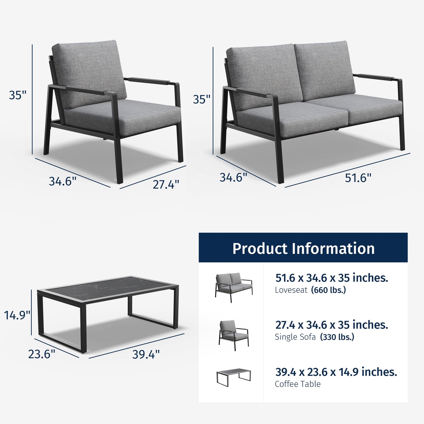 EAST OAK 4-Piece Patio Furniture Set, Outdoor Furniture Set with Thick Cushion,Waterproof Patio Conversation Set for 4, Woven Armrests Loverseat and Table for Backyard, Misty Grey