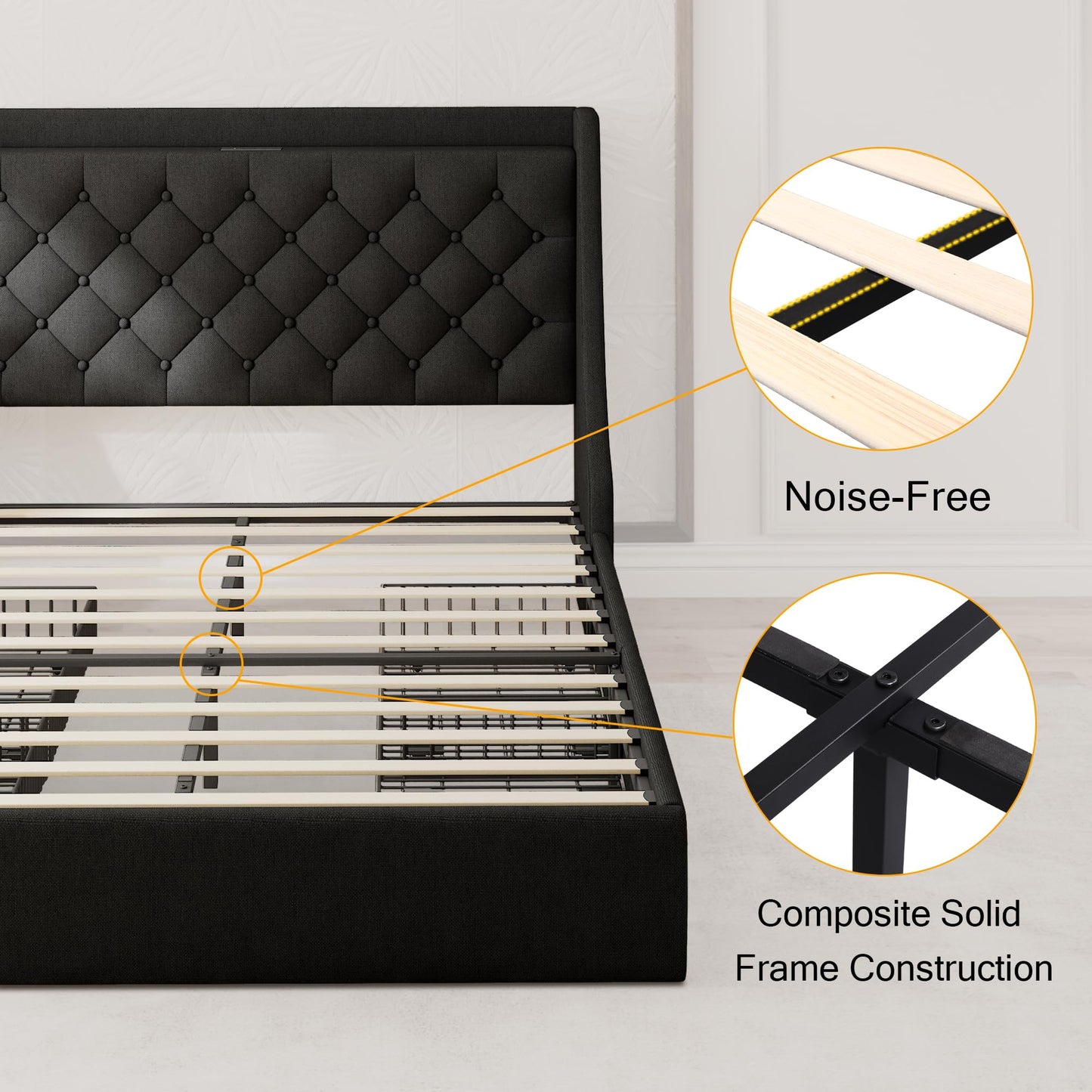 Einhomn Queen Bed Frame with 4 Storage Drawers, Upholstered Modern Bed Frame with Wingback Headboard, Charging Station, No Box Spring Needed, Easy Assembly, Black
