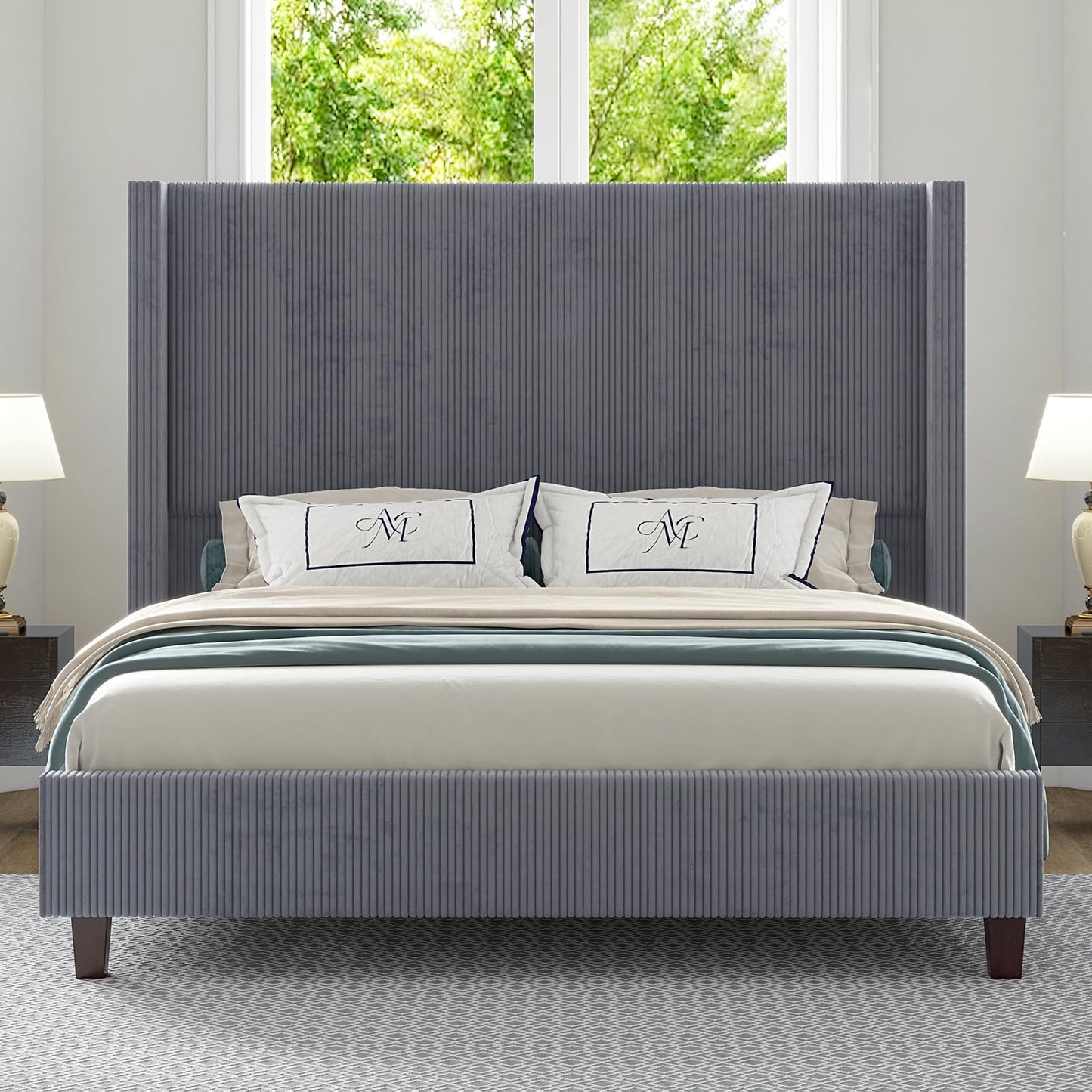 HOWE King Size Bed Frame with 61.4" Extra Tall Headboard, Corduroy Upholstered Bed with Vertical Wingback Headboard, No Box Spring Needed/Noise Free/Solid Wood Slats & Legs/Grey