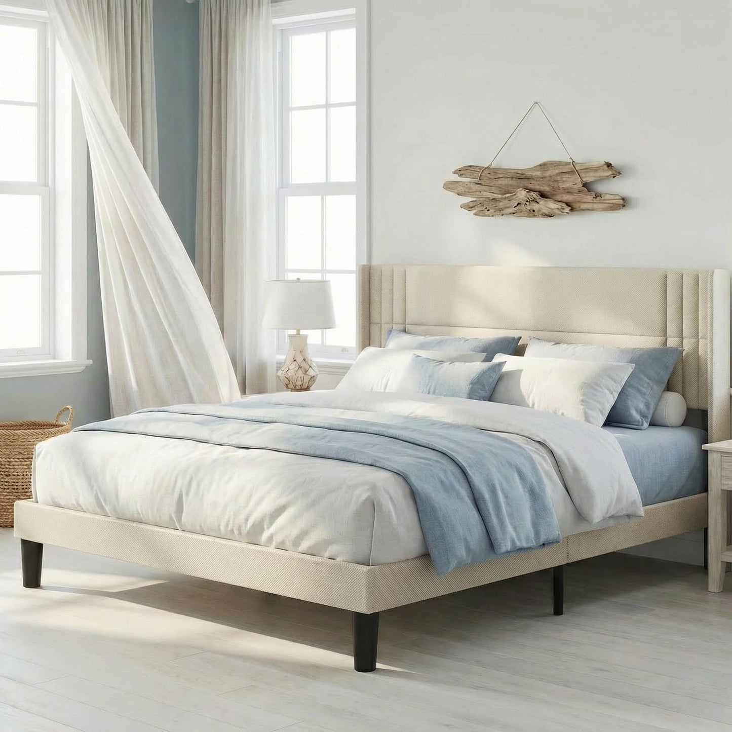 Gizoon King Bed Frame with Wingback Headboard, Upholstered Platform Bed with Modern Geometric Headboard, Wooden Slats, Noise-Free, No Box Spring Needed