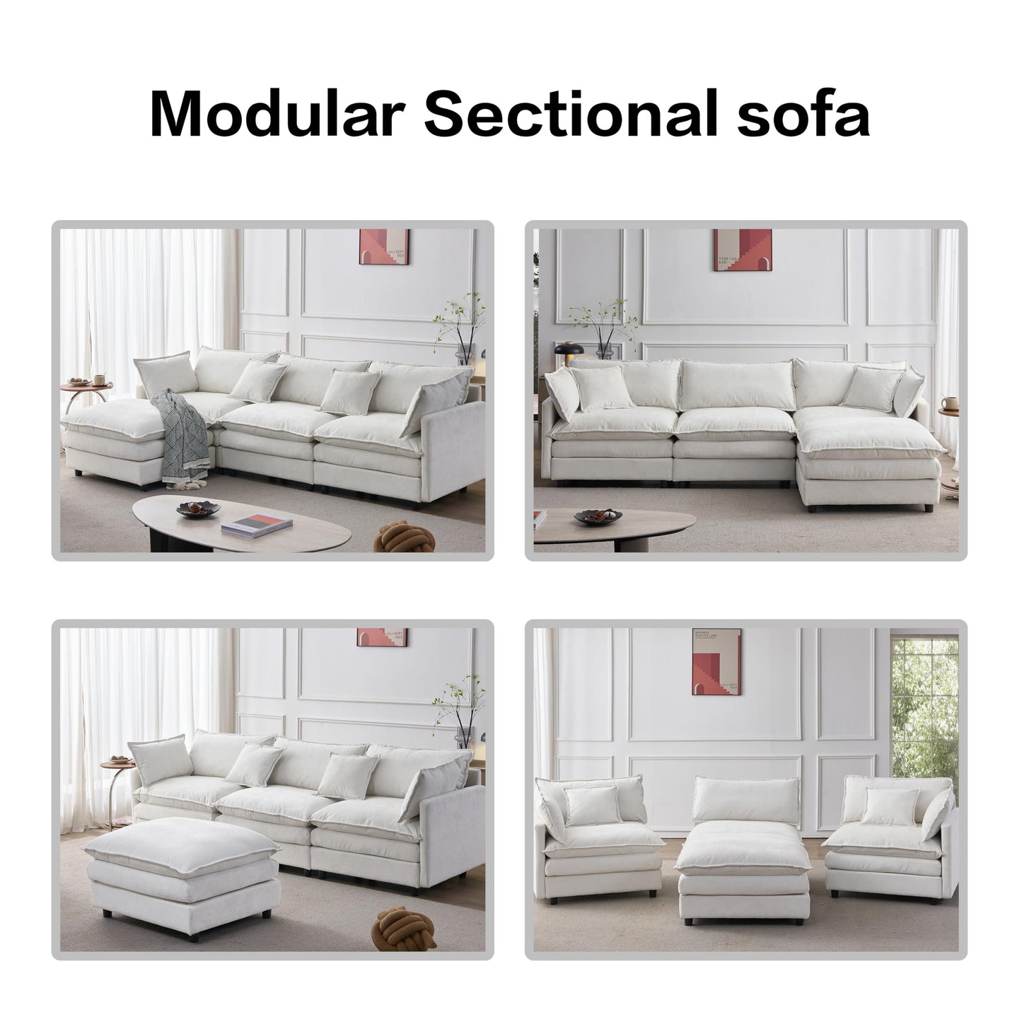 KEIKI 3 Seater Chenille Modular Sectional Couch Sofa with Ottoman, Double-Layer Seat Cushions & Back Cushions, Modern L-Shape Upholstered Cloud Soft Sofa Couches Chaise Lounge for Living Room