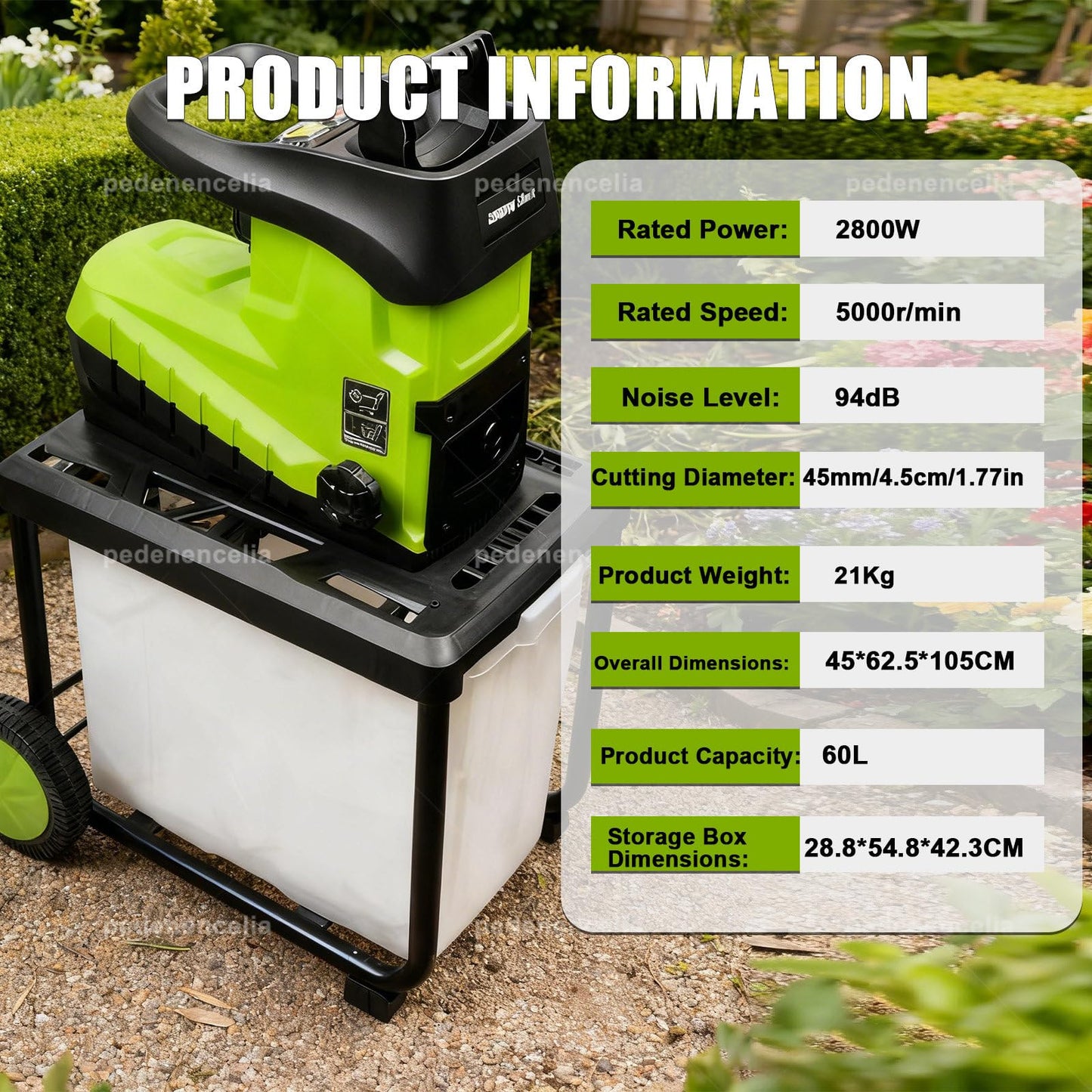 pedenencelia Garden Shredder Electric 2800w, with 60l Detachable Collection Box, 5000rpm Mulcher for 45mm/1.77" Branches, Wood Chipper with New Hobbing Cutter Head, for Garden Debris and Branches