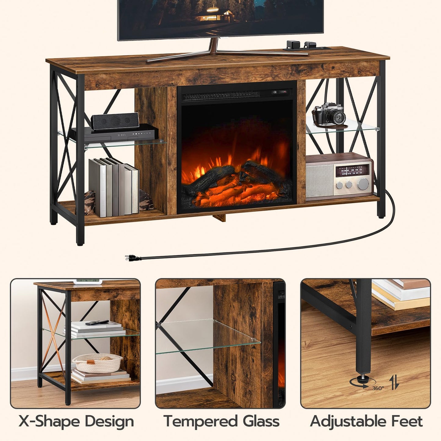 HOOBRO Fireplace TV Stand with Charging Station and LED Lights, TV Stand with Fireplace for TVs up to 55", Entertainment Center with Fireplace, Glass Shelves, Rustic Brown and Black BF120UDDS01