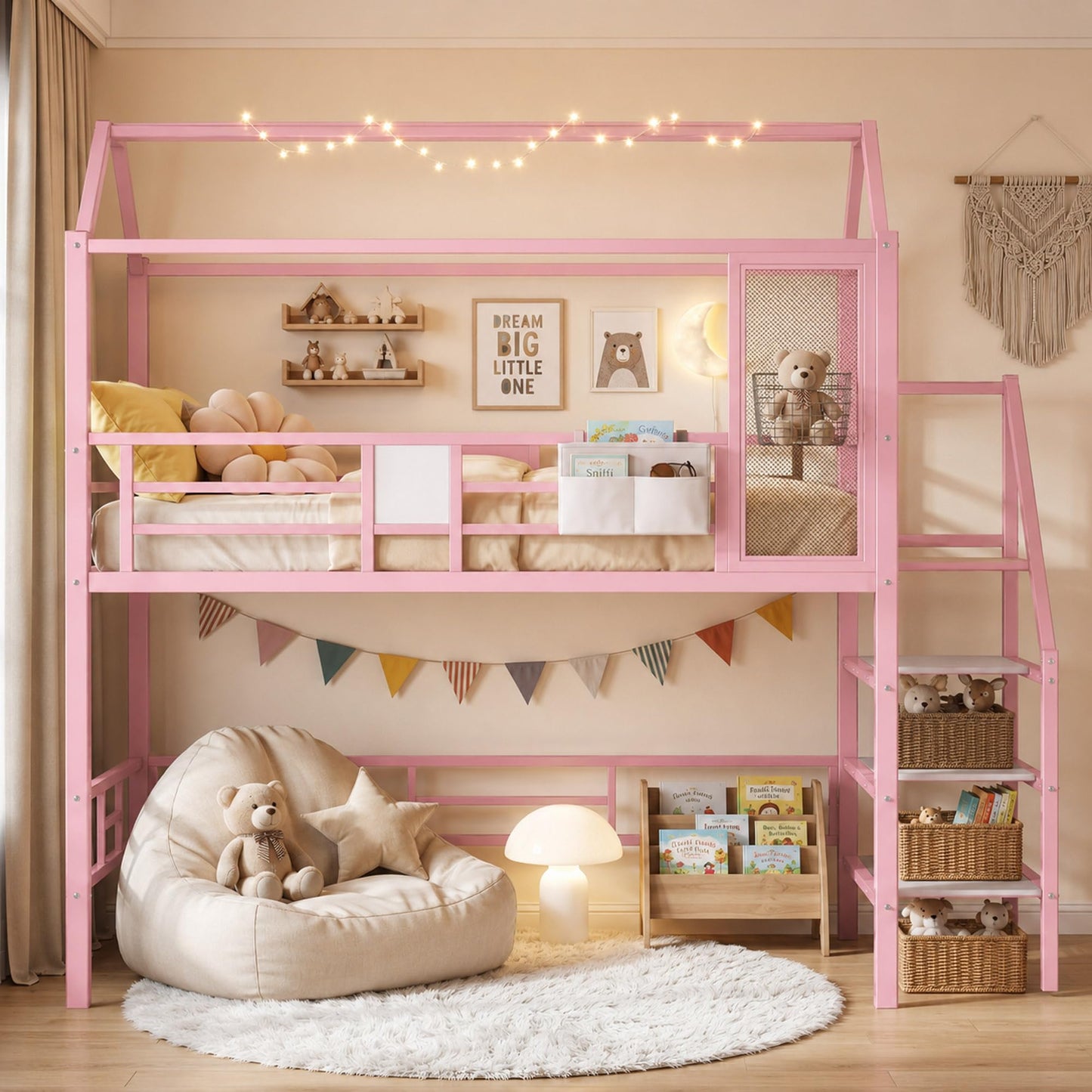 Firscook Twin Loft Bed with Stairs, Charging Station, Storage & Light Strip, Metal House Shape Loft Bed Twin Size, Heavy-Duty Loft Beds Frame for Kids, Teens, No Box Spring Needed, Pink (Pink, Twin)