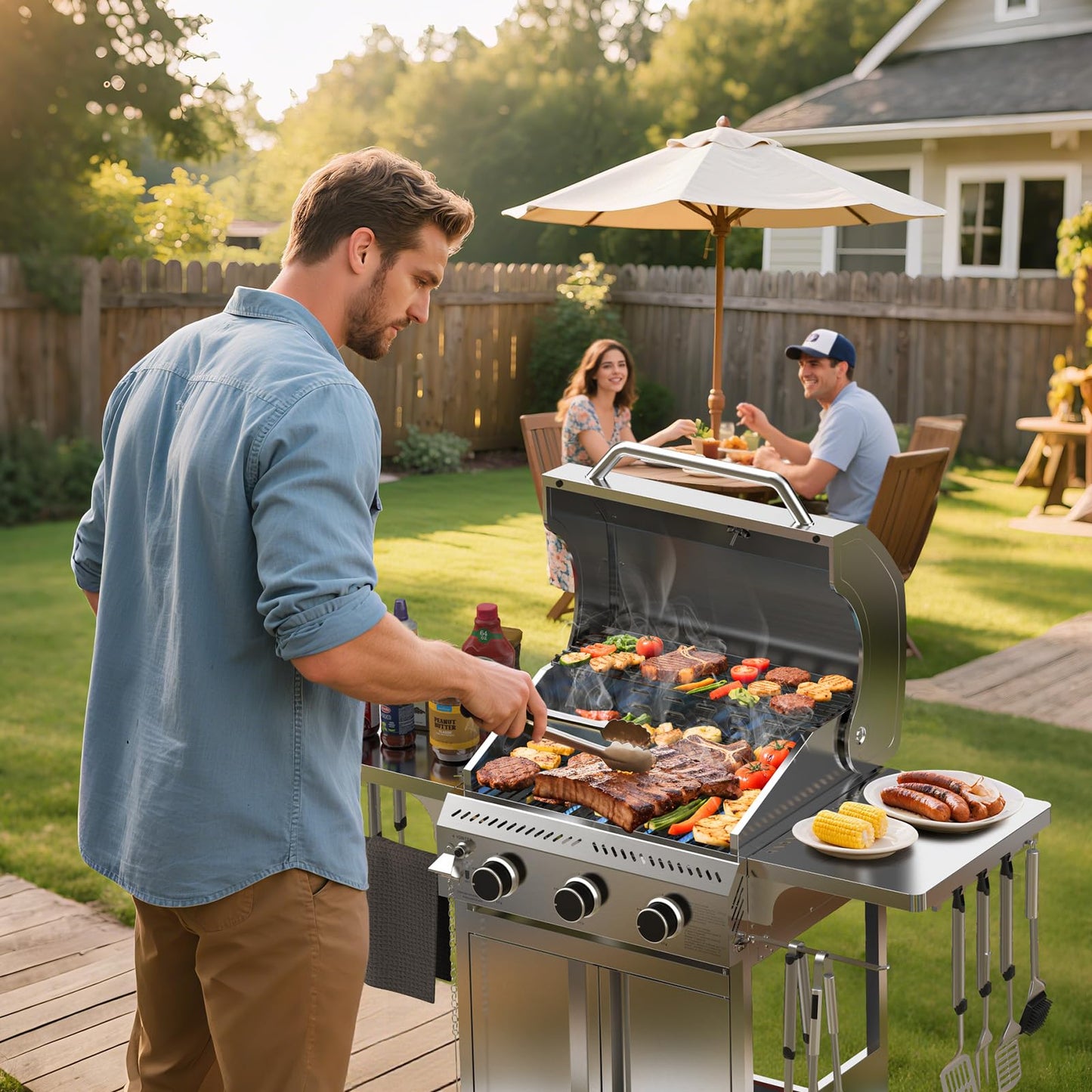Electactic G31 Gas Grill, 3-Burner Gas Grill with Folding Side Tables,Stainless Steel 24,000 BTU BBQ Grill,Outdoor Propane Grill for Barbecue,Patio,Camping