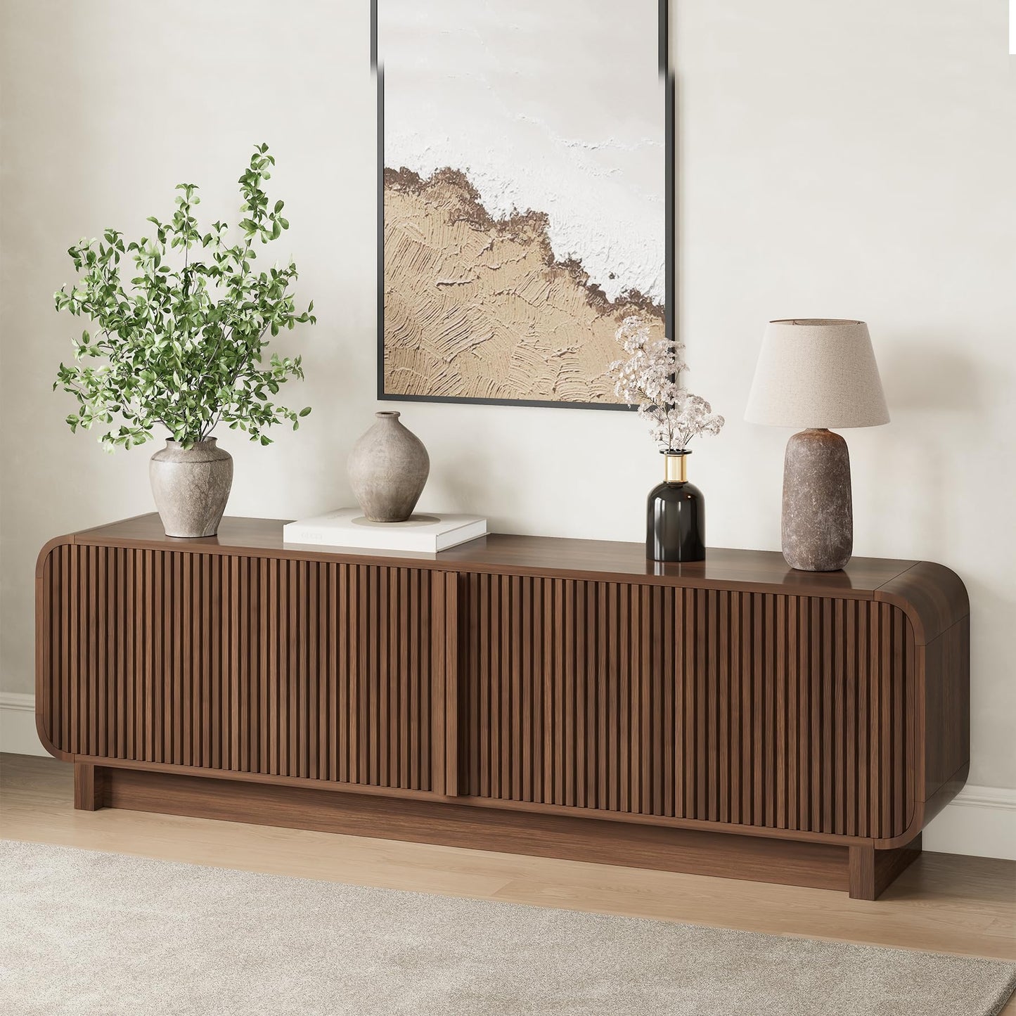 78.75" Fluted TV Stand with Storage Cabinets, Rounded Edge Entertainment Center, Mid-Century Media Console for Living Room Hallway, Walnut
