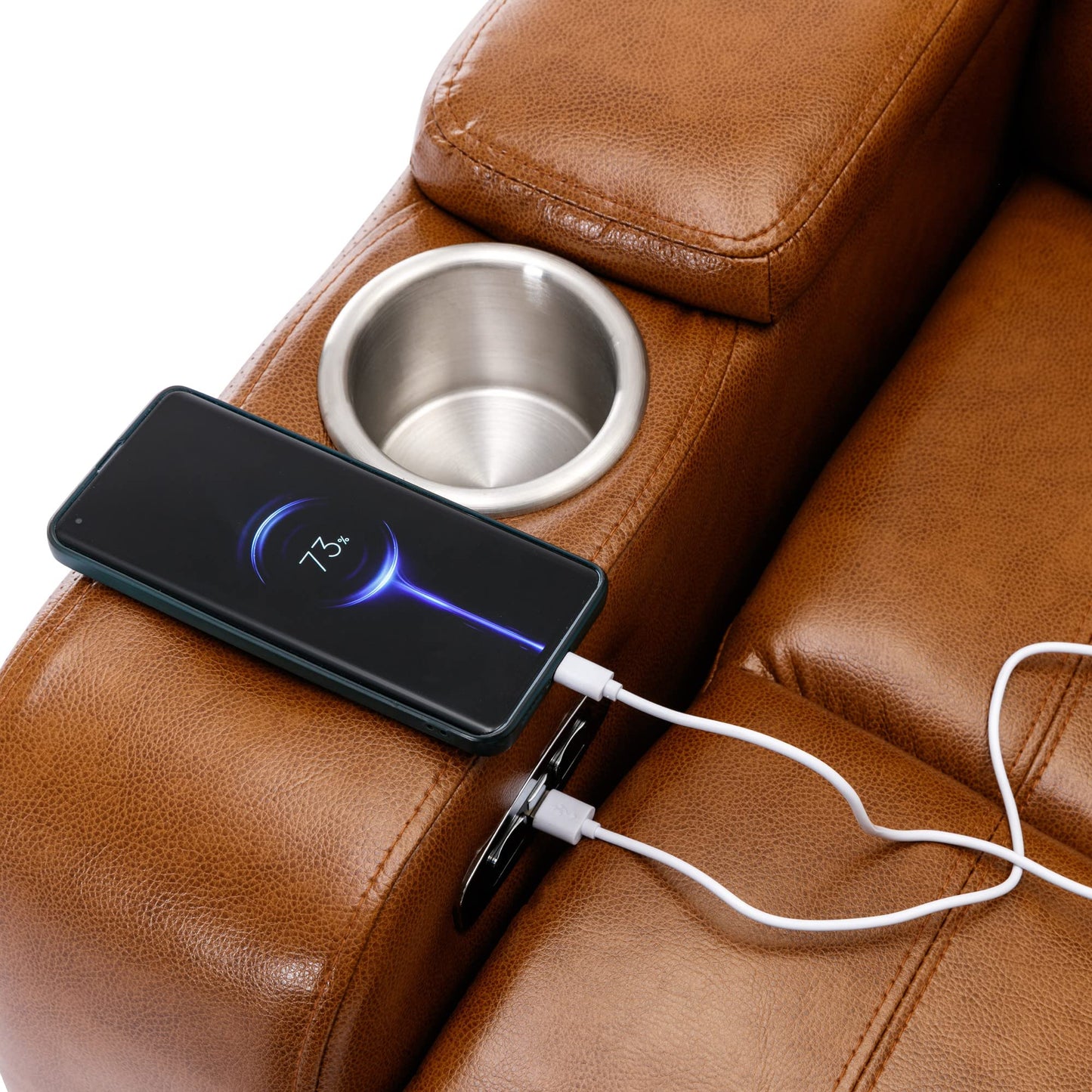 Merax Leather Recliner Power Chair, Home Theater Seating with Multimedia Audio Armrest, Cup Holders & Storage, Light Brown