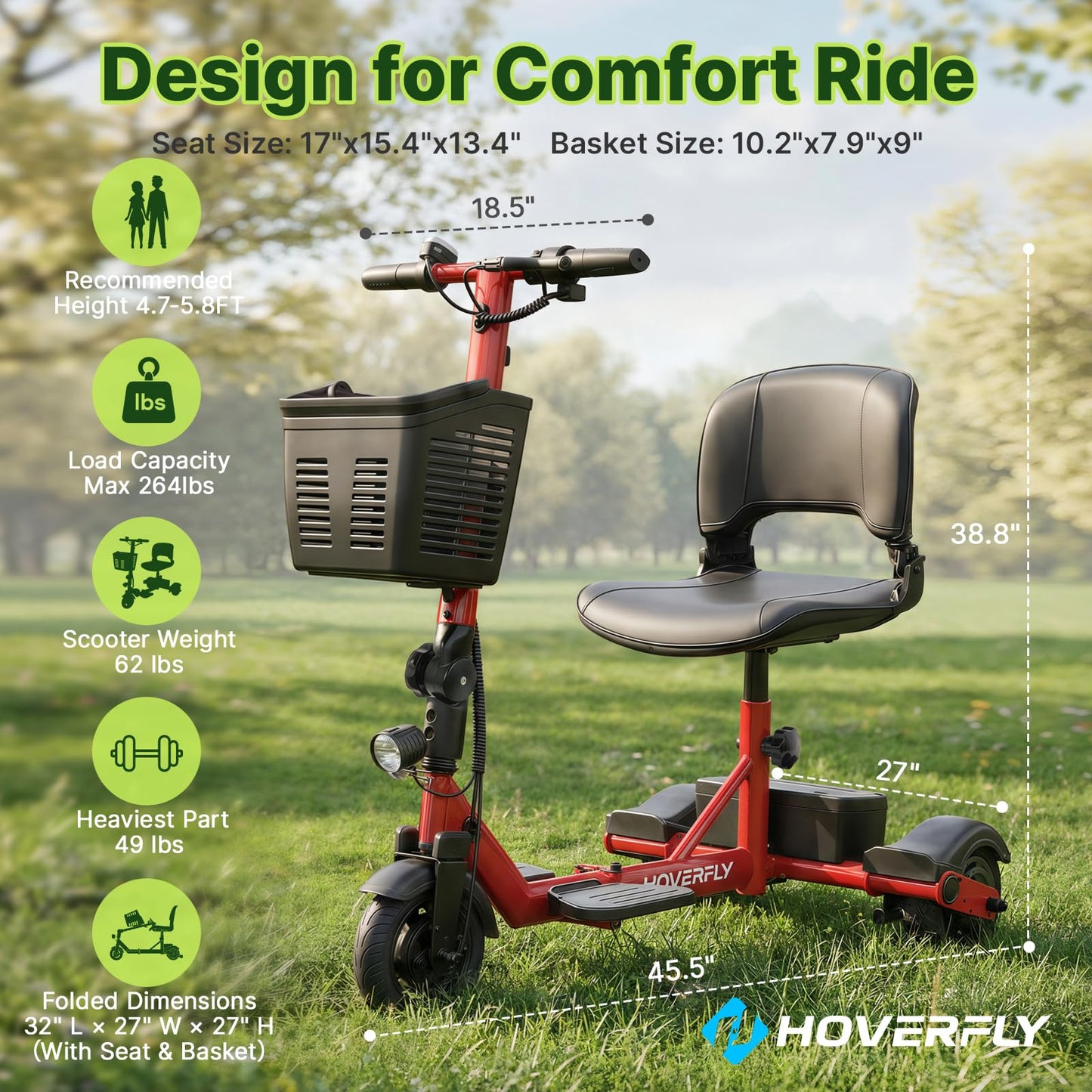 Hoverfly T3 Folding Powered Mobility Scooter for Seniors, Portable 3-Wheel E-Scooter with Seat, 13-Mile Range Safe LiFePO4 Battery, 264 lbs Load &Solid 8" Tires, Fits in Car Trunks for Daily Rides Red