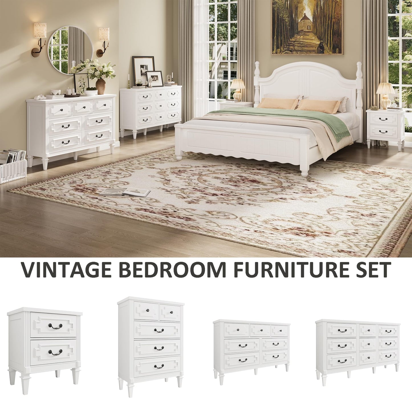 BLANKSPACE Farmhouse White Nightstand wtih Vintage Surface, 26" Tall End Table, Side Table with 2 Drawers Storage Cabinet for Bedroom, Living Room