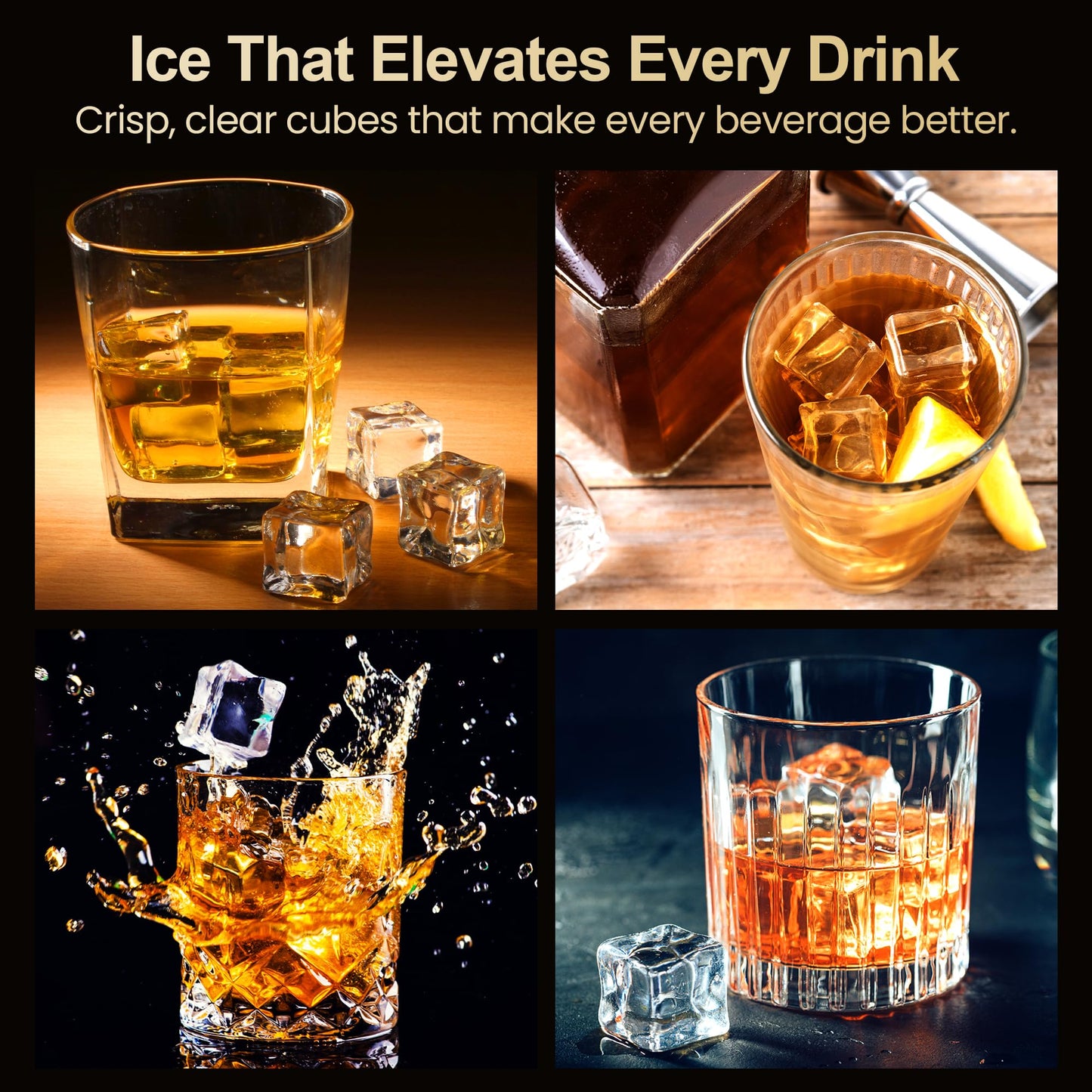 HEYNEMO Clear Ice Maker – Compact Countertop Ice Machine with 1.6" Square Ice Cubes, Fast 10-Min Ice Production, Self-Cleaning,LED Light & Timer,Portable Electric Ice Maker for Kitchen, Bar, RV, Black