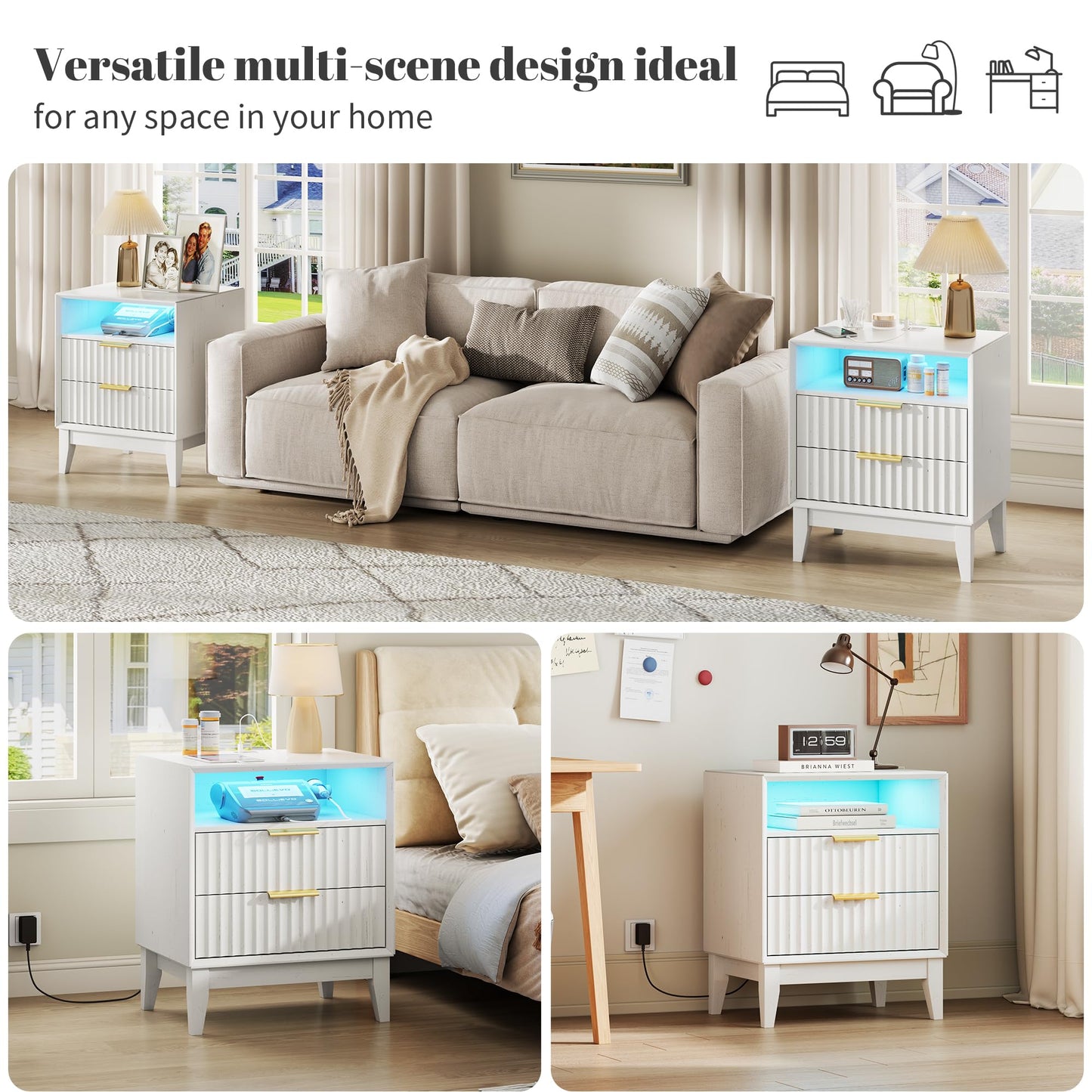LVSOMT 20'W Fluted Nightstand Set of 2, Night Stand with Charging Station and LED Lights, RFID Lock Hidden Drawer, Mid Century Morden Bedside Table for Bedroom, 2 Drawers and Open Storage Cubby, White