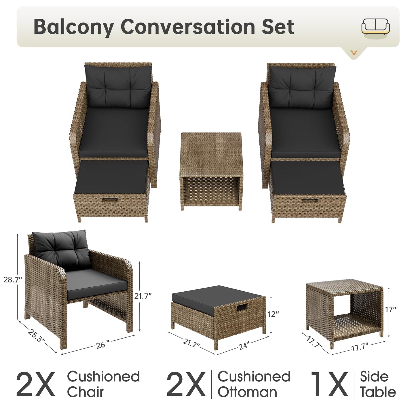 LHBcraft 5 Piece Outdoor Furniture Set, PE Rattan Balcony Furniture with Soft Cushions, Patio Set 2 Ottoman & Table for Porch, Lawn, Garden, Black