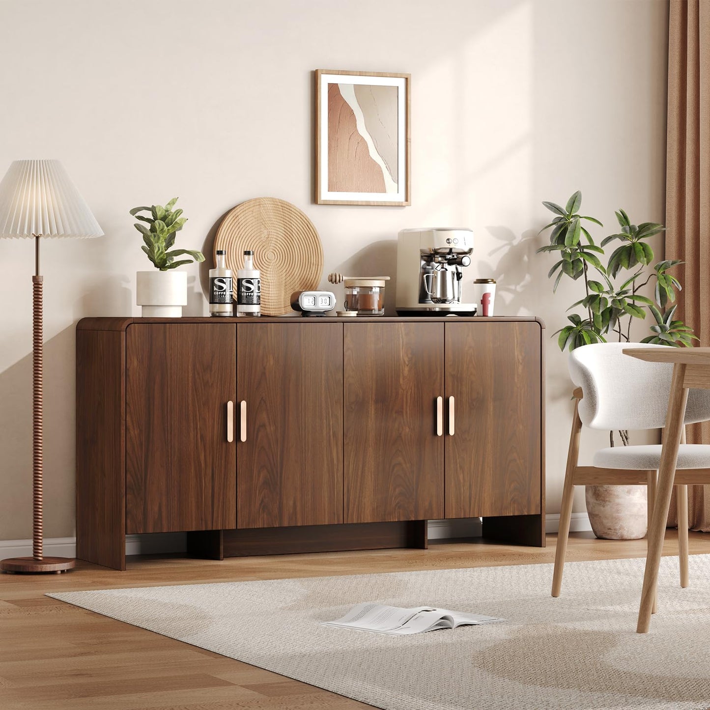 60" Sideboard Buffet Cabinet, Large Curved Design Storage Cabinet with 4 Doors & 2 Adjustable Shelves, Sturdy Build, Easy Assembly, Bar Console Fit for Dining Room/Living Room/Kitchen, Walnut