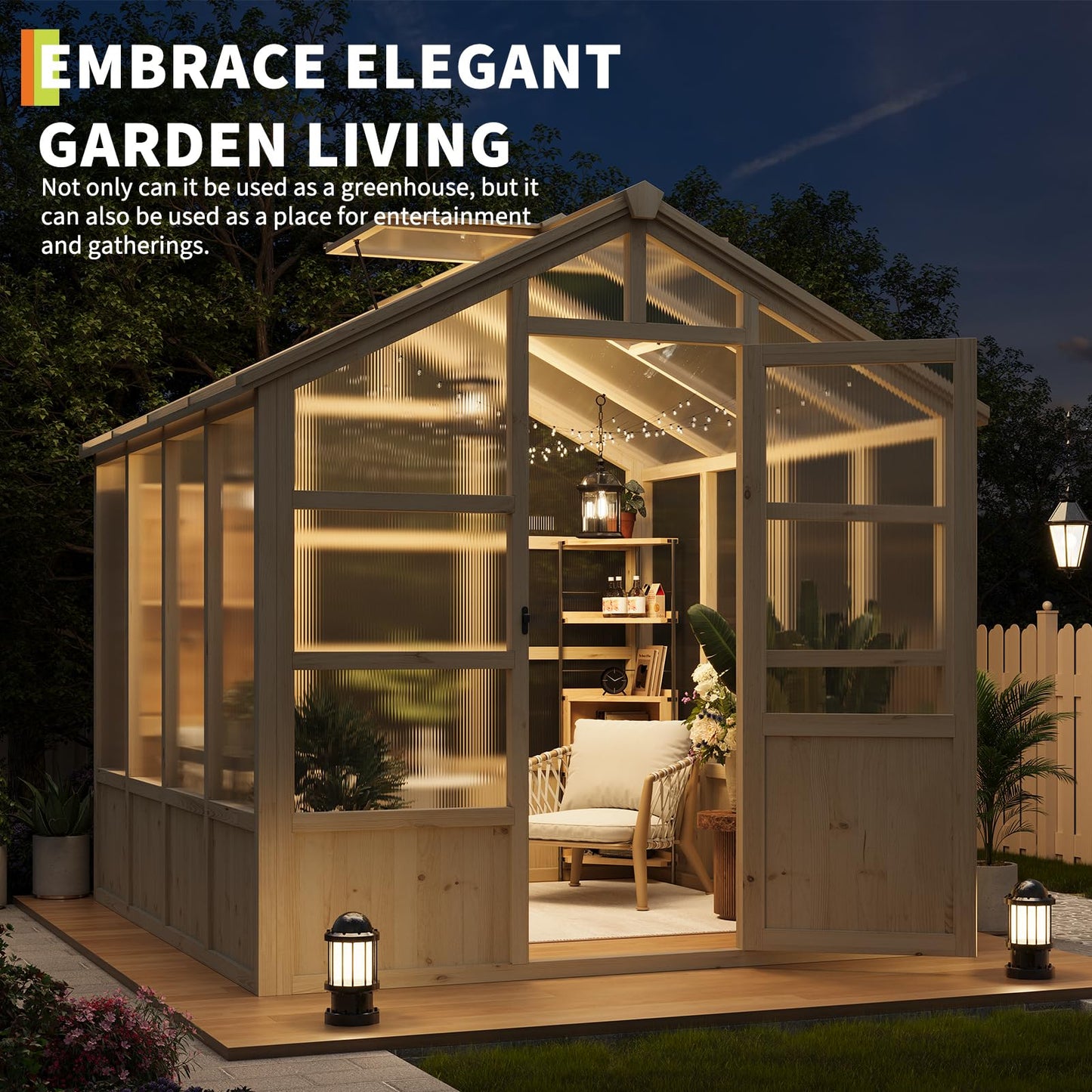 GarveeLife Wooden Greenhouse, 8x8 ft Greenhouses for Outdoors with Lockable Door, Wood Frame & Adjustable Vent, Heavy Duty Greenhouse with Polycarbonate Panel for Outside, Garden, Yard, Light Brown