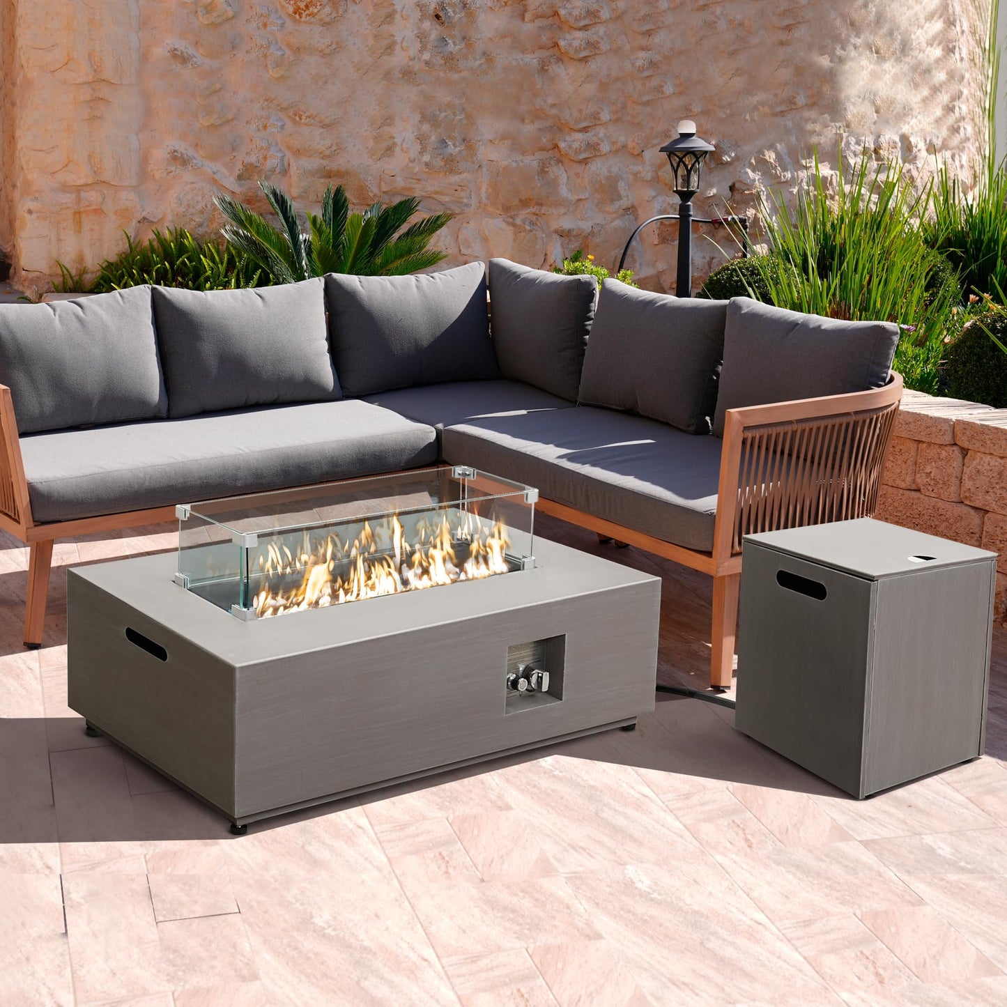 Werph 42’’ Propane Fire Pit Table Set with Tank Holder, CSA Certifed 50,000 BTU Outdoor Firepit Table, Wind Guard & Glass Stones, Smoke-Free Rectangular Fire Table for Garden Porch Backyard