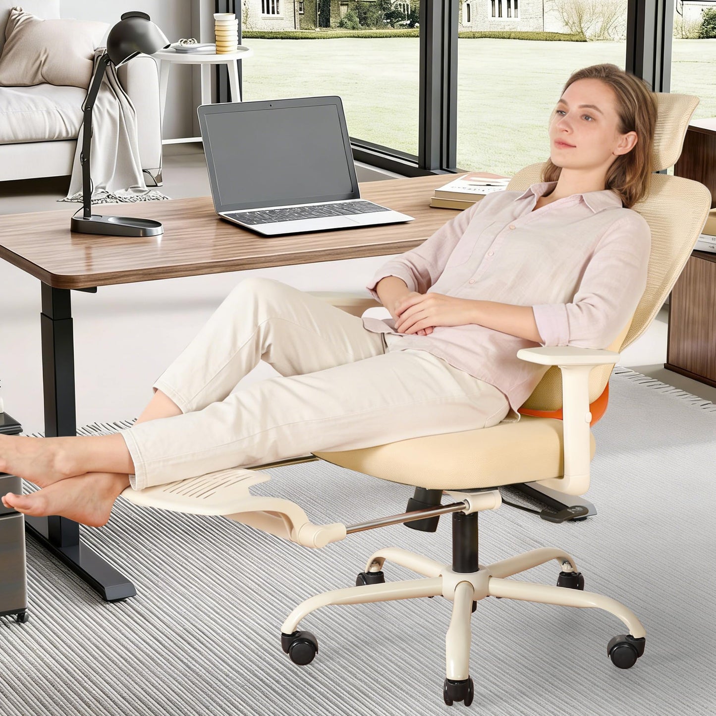 Ergonomic Office Chair with Footrest, Mesh Desk Chair with Adjustable Headrest & Armrests & Dynamic Floating Wing Lumbar Support, High Back Computer Chair for Home Office, BIFMA Certified, Beige