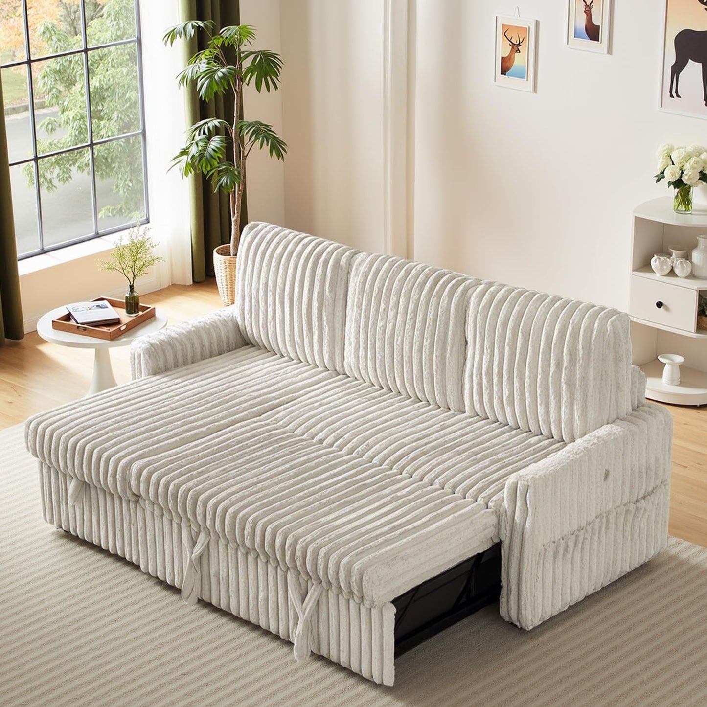 KCGKCG Sleeper Sofa Bed, 81” Pull Out Couch Bed, 3 in 1 L-Shaped Couch with Charging Station, Cup Holder, Side Pocket, Couches for Living Room(Plush Beige)