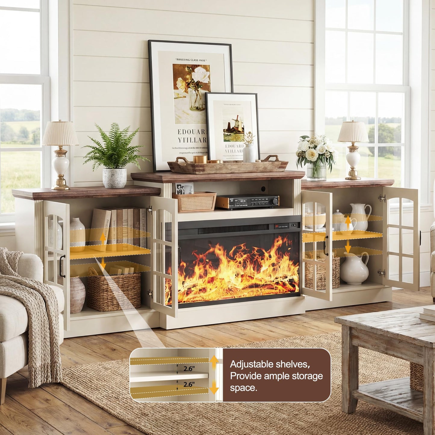 97" Farmhouse Fireplace TV Stand for TVs Up to 100", Entertainment Center with 36" 3-Sided Glass Electric Fireplace, 12 Flame Colors & LED Light Modes, Media Console for Living Room, White