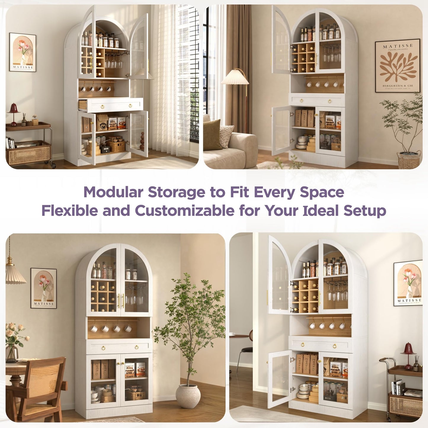 Merax 70" Tall Arched Farmhouse Pantry Cabinet with Glass Doors, White