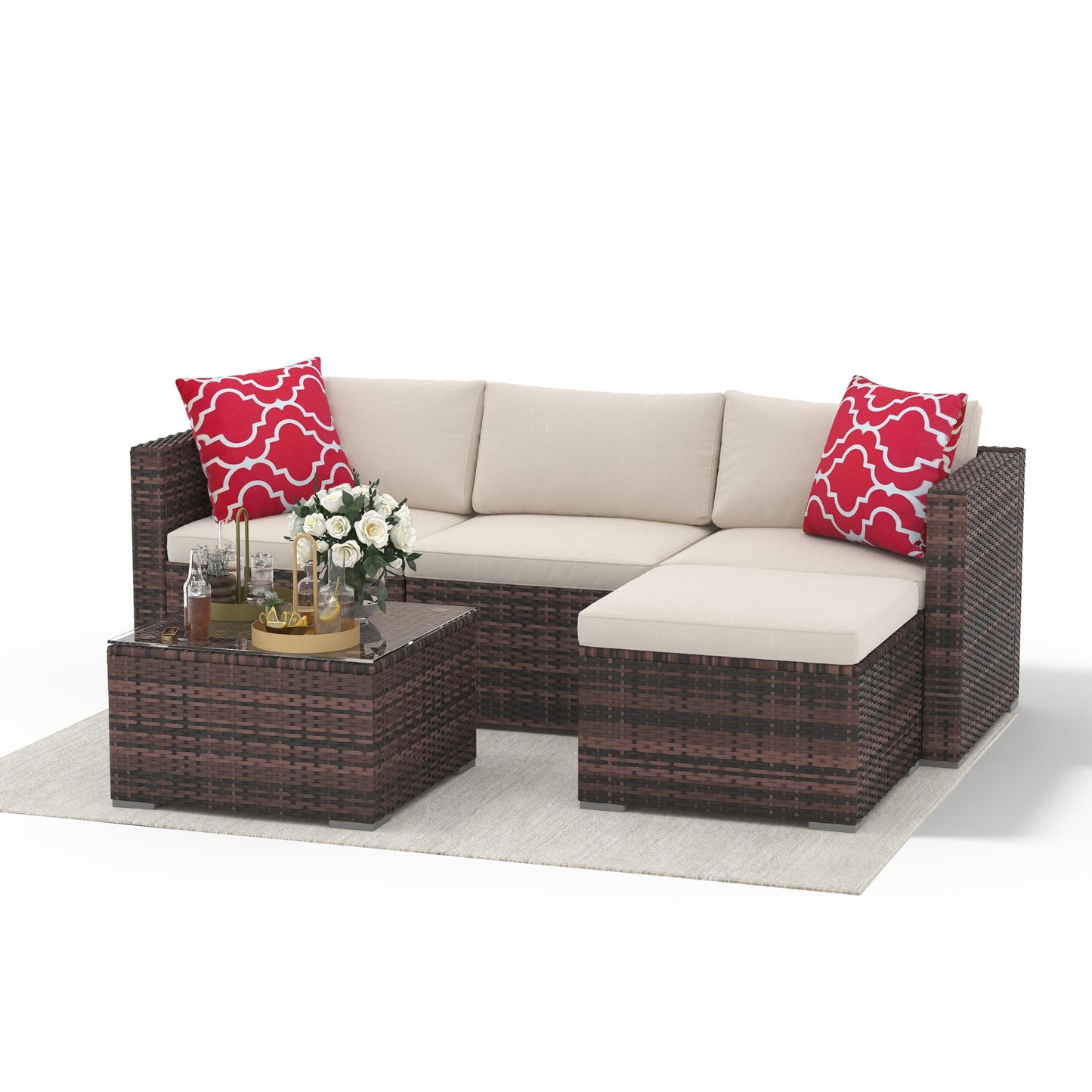 5 Piece Outdoor Patio Furniture Set, PE Rattan Patio Conversation Sets, All-Weather Wicker Outside Sofa Set with Thick Cushions, Bistro Sets w/ Coffee Table for Pool, Backyard, Lawn(Brown+Beige)