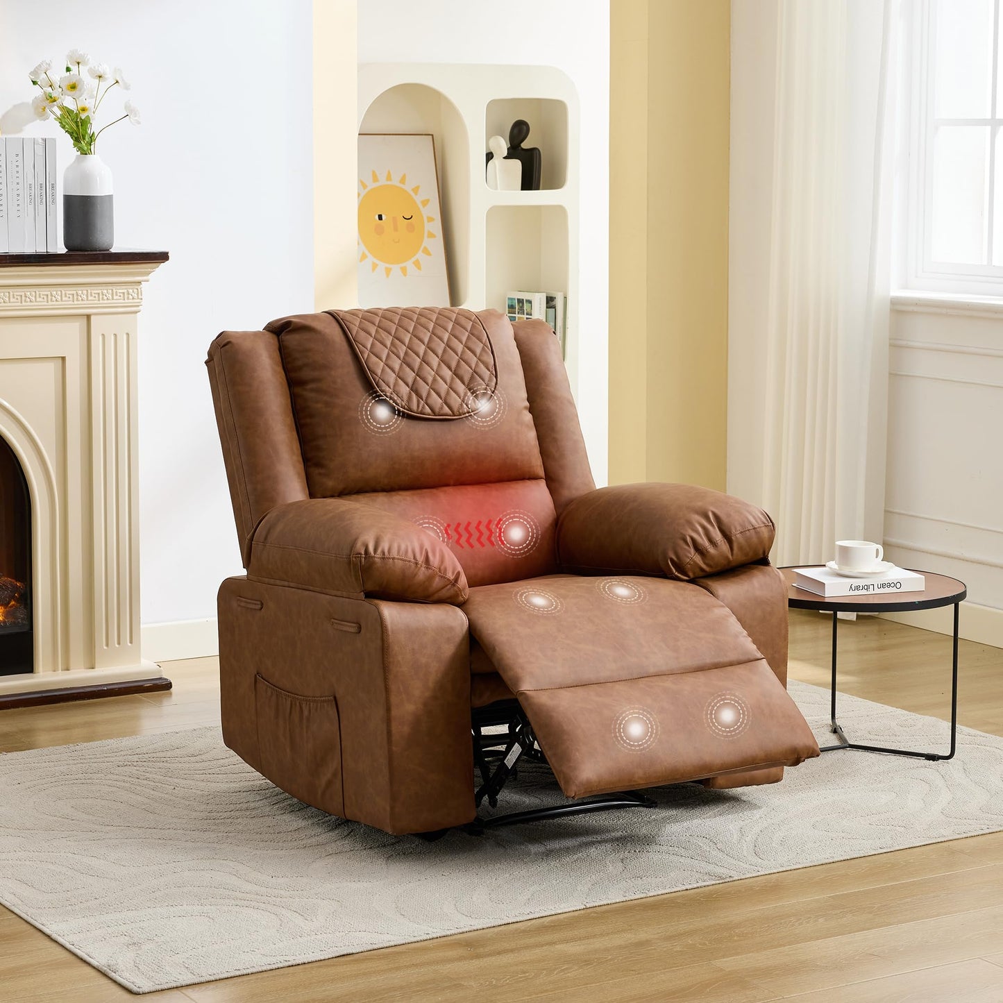Adult Manual Recliner with Heating and Massage Functions (135° Front and Rear Adjustment) - Equipped with Side Storage Pockets and Remote Control, Suitable for Living Room and Bedroom(Brown)