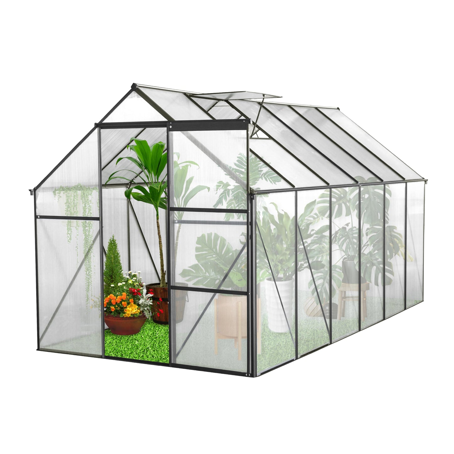 KEIKI 6x12 FT Polycarbonate Greenhouse with Aluminum Frame,Raised Base and Roof Vent,Walk-in Greenhouses for Patio Garden