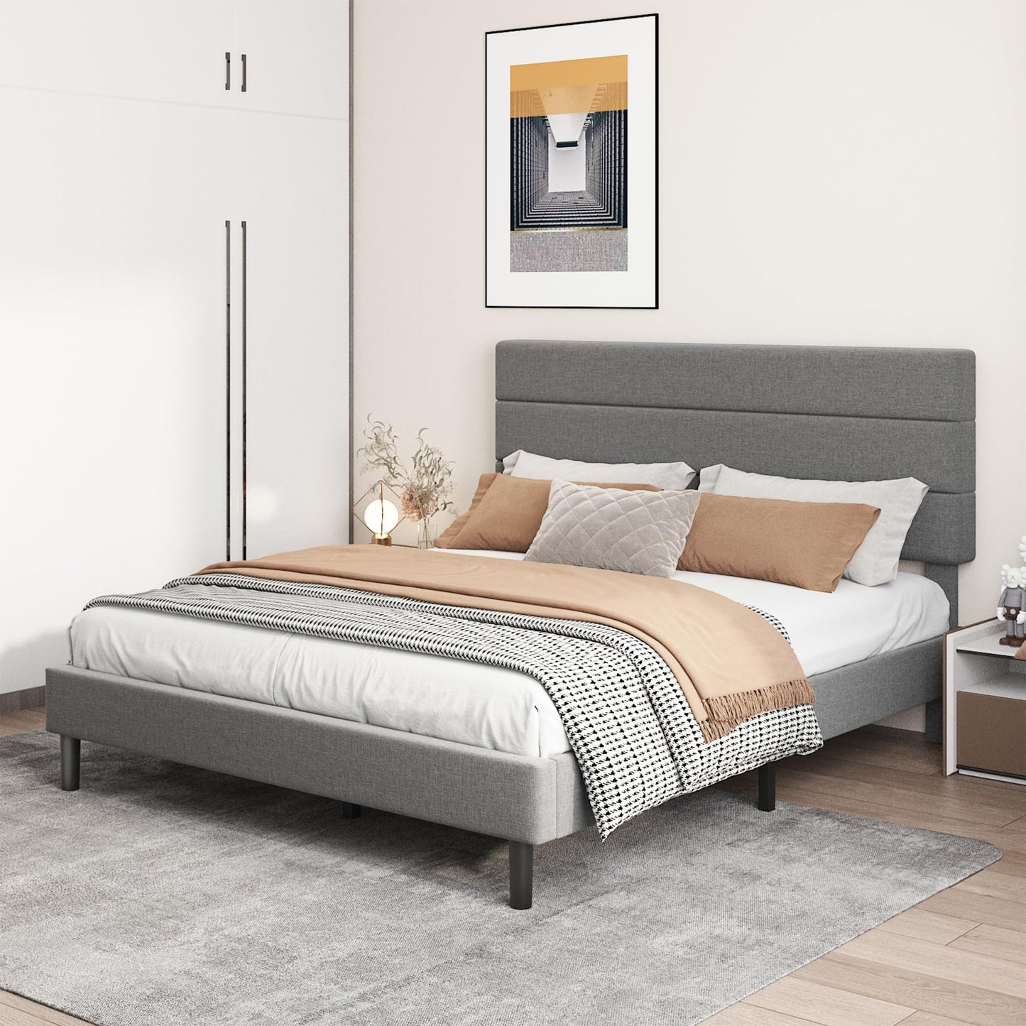 Mxhtcewz Queen Platform Bed Frame with Adjustable Linen Fabric Upholstered Headboard, Strong Slats Support, Noise-Free, No Box Spring Required, Easy Assembly for Bedroom Guest Room, Grey
