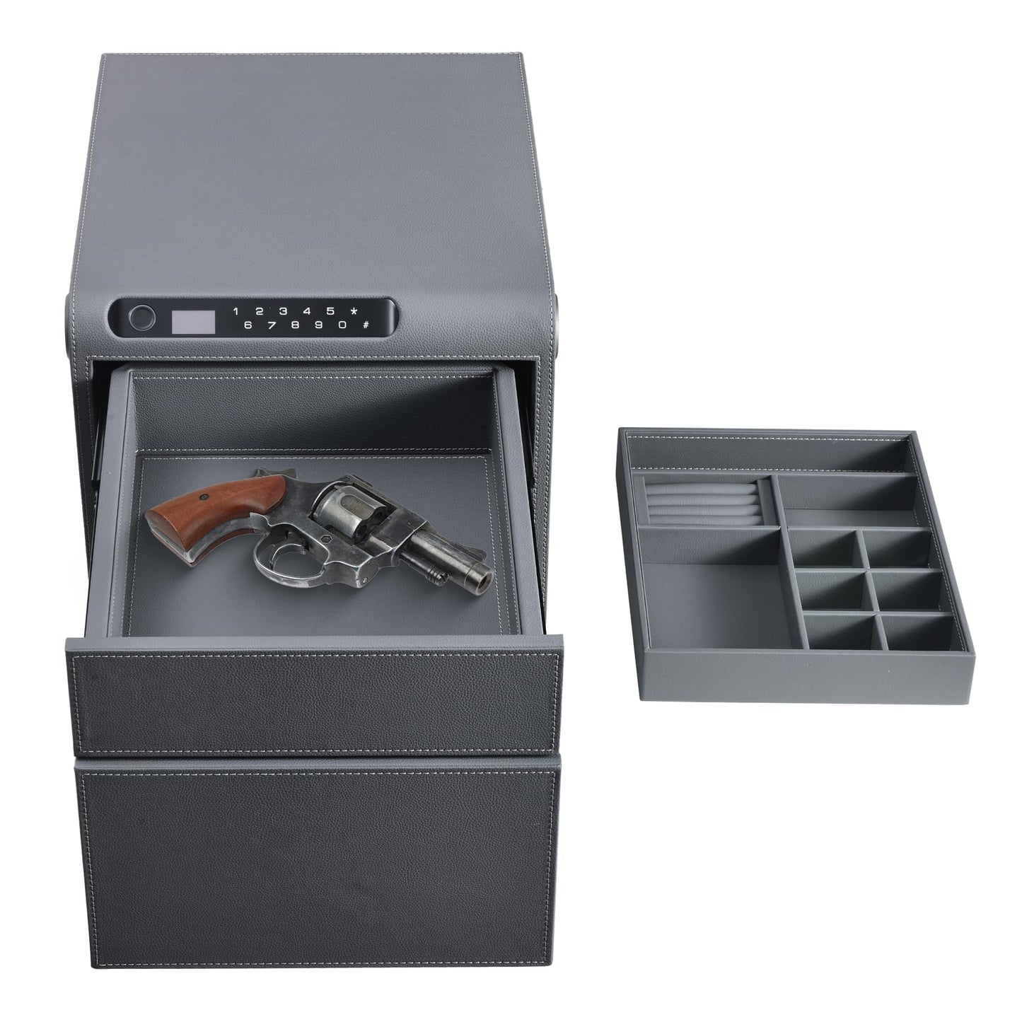 VALINIRT Jewelry Safe with Drawers,Biometric Fingerprint safe, Slide-Away Handgun Safe for Pistols, Leather Wrapped Jewelry Storage Safe, Digital Keypad & Quick-Access Drawer (Grey- 2 Drawer)