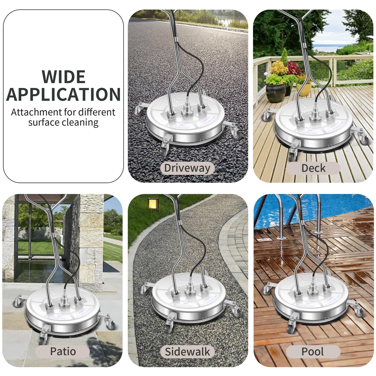 LidoDola 30'' Pressure Washer Surface Cleaner with 4 Wheels - Stainless Steel Surface Cleaner for Pressure Washer Attachment for Concrete, Driveway, Patio, Sidewalk, Deck and Driveways