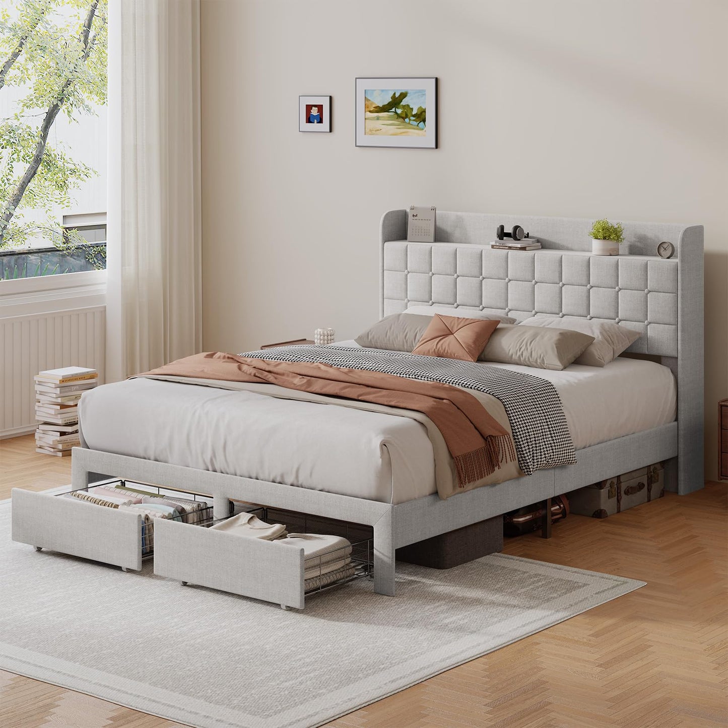 HAPPYMONT Full Size Storage Bed Frame, Square Tufted Headboard, Platform Bed with 2 Underbed Drawers at Foot, Wooden Slats Support, No Box Spring Needed, Light Gray