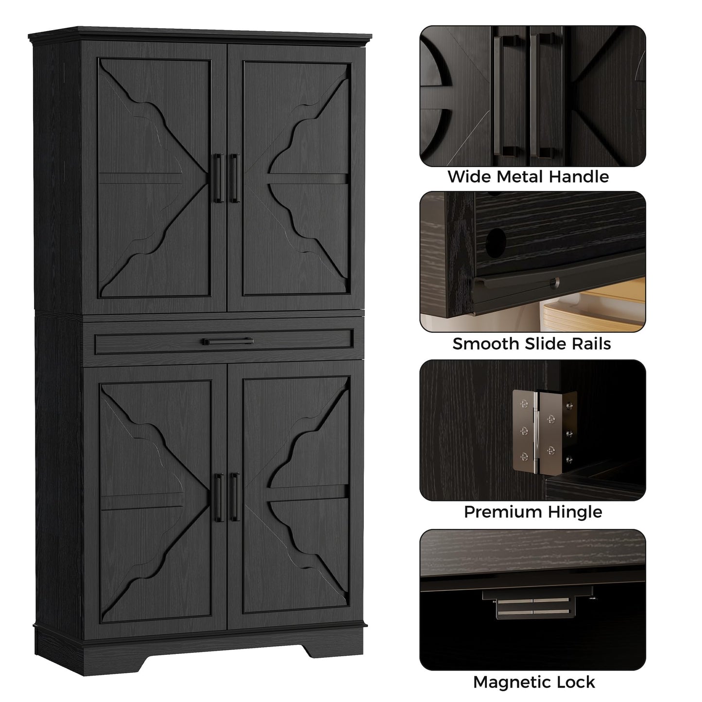 IRONCK Farmhouse Kitchen Pantry Cabinet, 72" Height Tall Freestanding Cupboard with Sliding Storage Rack and 6 Hanging Shelves for Kitchen, Dining Room, Black