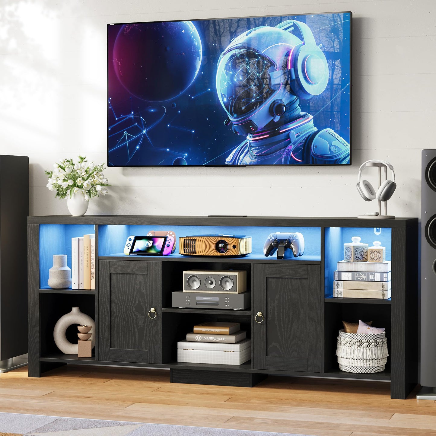 LIKIMIO TV Stand for TVs 80 inch with LED Lights & Power Outlet, Entertainment Center with Cabinets, Adjustable Shelves and Open Shelves, Modern Media TV Console Living Room, Black