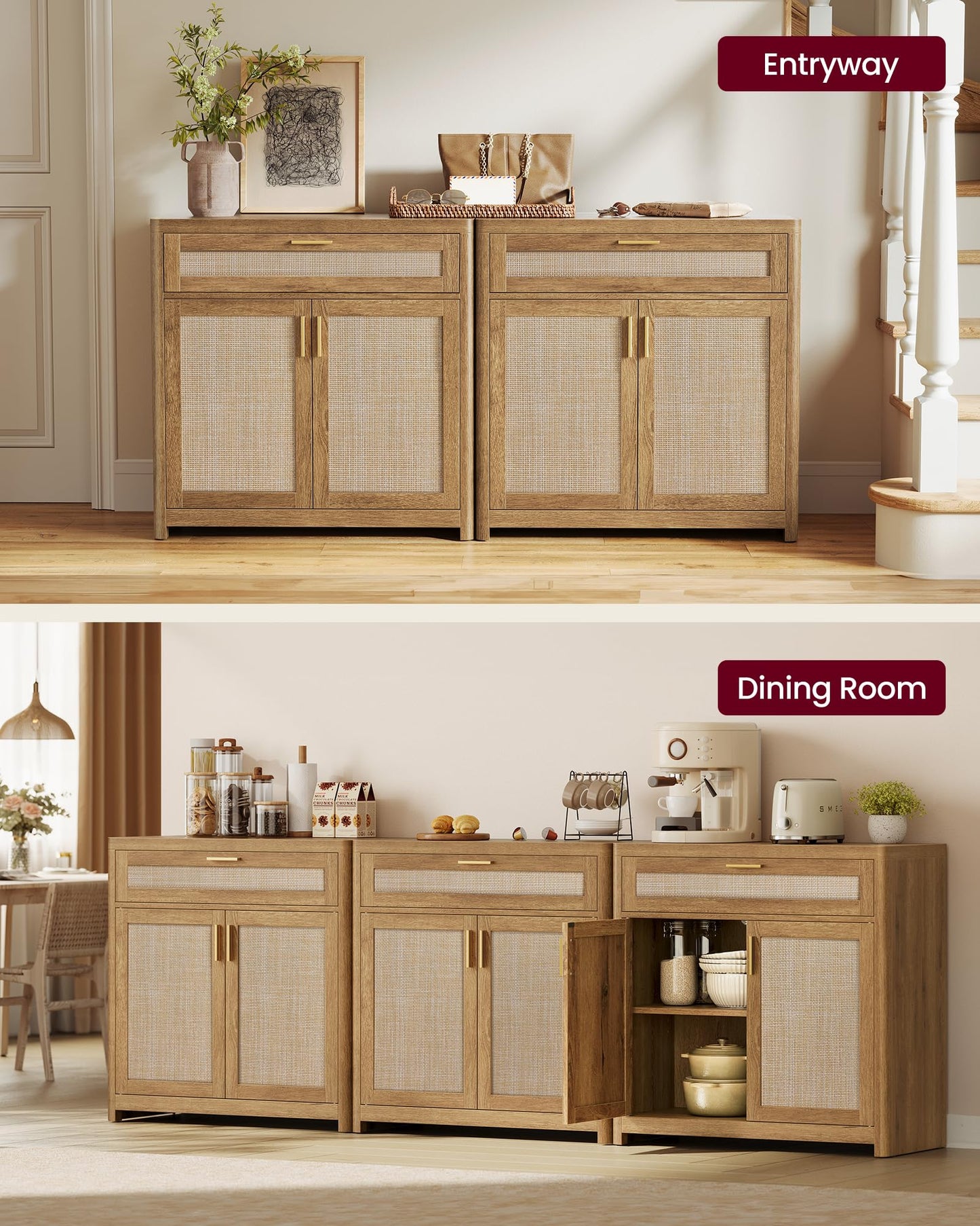 VASAGLE ELLAN Collection - Boho Buffet Cabinets with Rattan-Look Doors, Sideboard Storage Cabinet, Rounded Corners, Adjustable Shelf, Drawer, for Dining Room, Set of 2, Natural Brown UBBK601KC01-2J