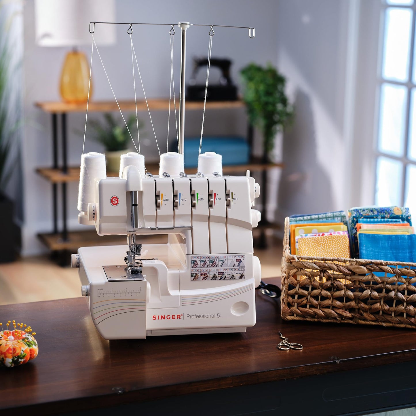 SINGER® Professional 5 14T968DC Heavy-Duty Metal Frame Serger Overlock and Accessory Kit with 2-3-4-5 Stitch Capability, Removeable Trim Trap, 1300 Stitches per minute, & Self Adjusting, White