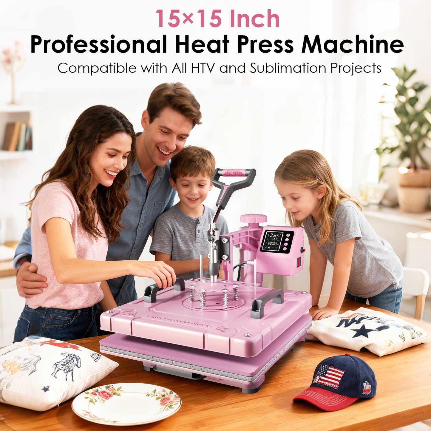 Seeutek 8 in 1 Heat Press Machine 15x15 Inch, Swing Away Digital Sublimation Heat Transfer Press with 20oz & 30oz Tumbler Attachments for T-Shirts, Mugs, Hats & Plates, Pink