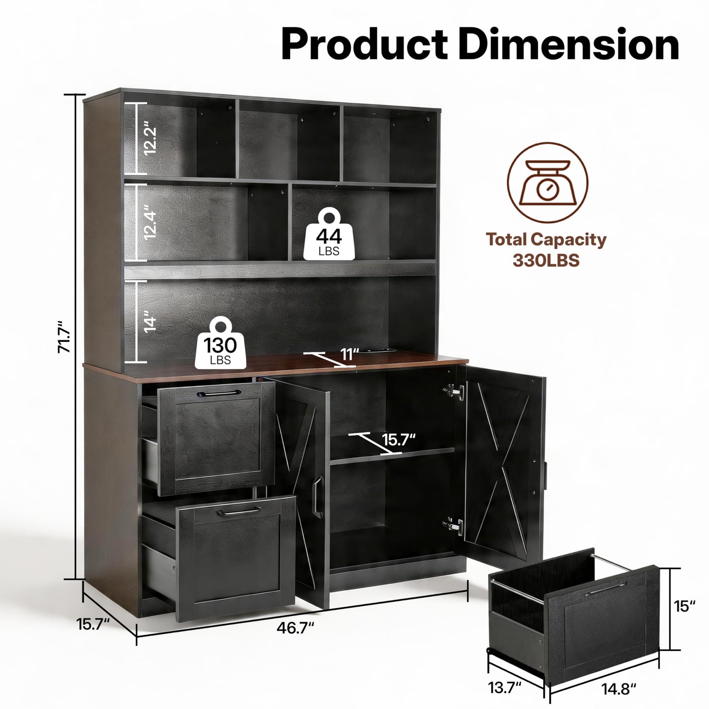 NORTHSKY 72'' Tall Bookshelf with Power Outlet, 2 Drawer File Cabinet for A4 Hanging Files, 3-Tier Open Shelves & Closed Storage Cabinets, Multifunctional Printer Stand - Black