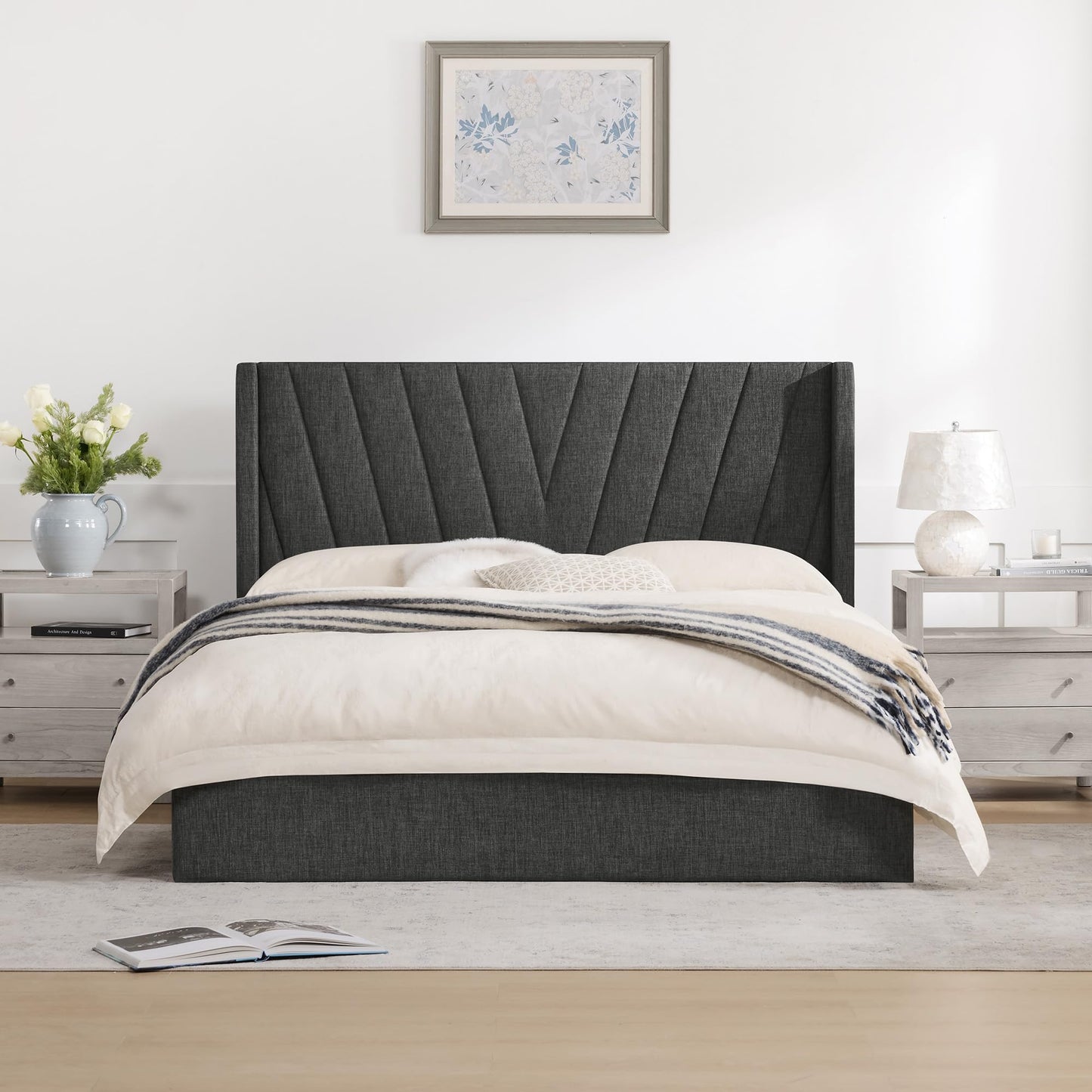 KISLOT Queen Size Lift Up Storage Bed Frame, Modern Hydraulic Support Platform Bed Wingback Velvet Headboard Sturdy Wooden Slat Support No Box Spring Needed