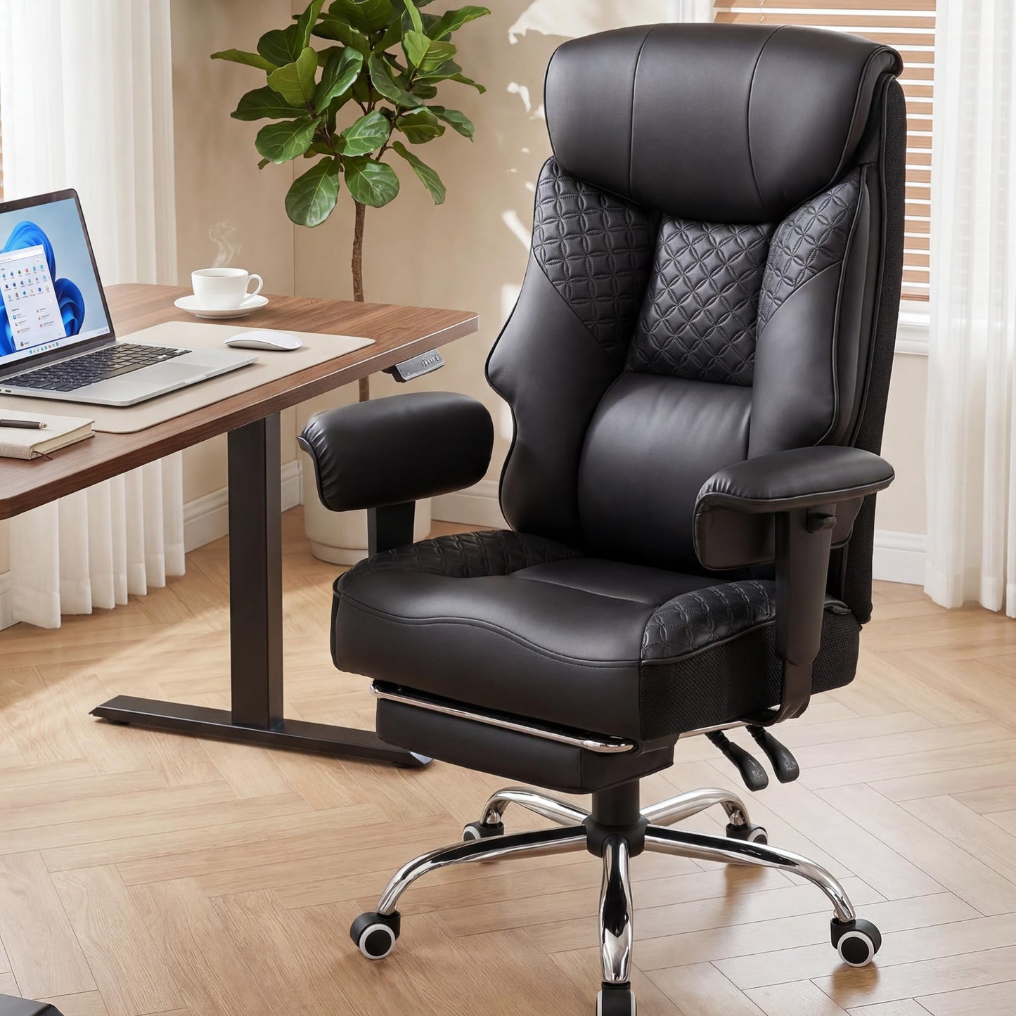 GTPLAYER Big and Tall Office Chair, High Back Computer Gaming Chair with Ergonomic Lumbar Support &Pocket Spring Cushion for Lower Back Pain Relief, Leather Executive Chair with Foot Rest, Black