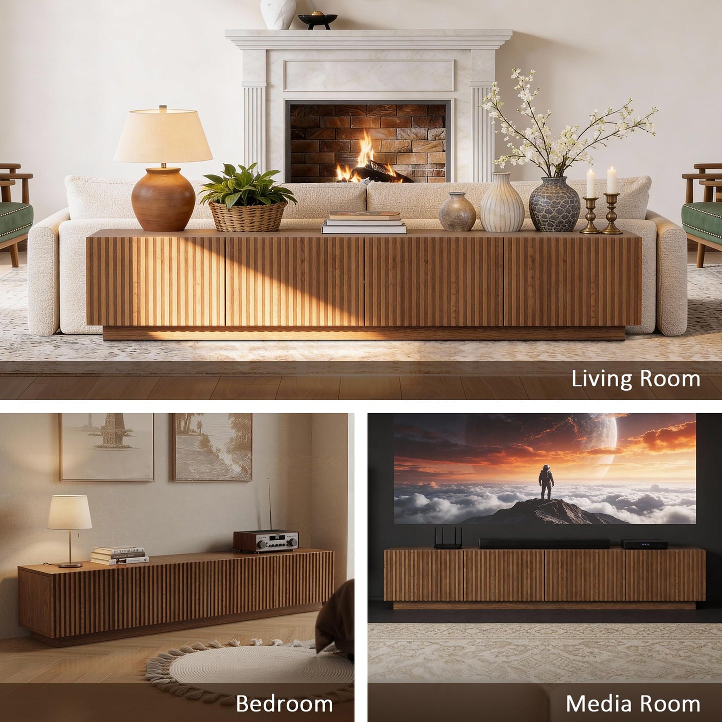 86.61" Mid-Century Modern TV Stand for TVs up to 85", Walnut Entertainment Console with Large Storage, Sturdy Media Cabinet for Living Room & Bedroom