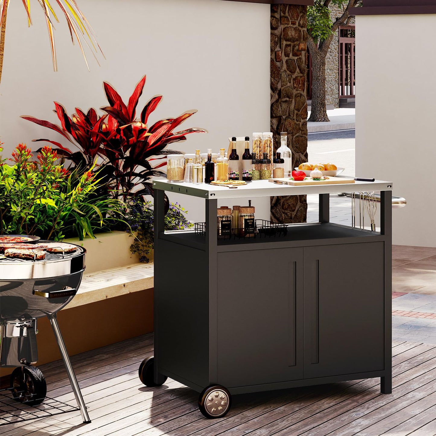 Outdoor Grill Cart with Storage Cabinet Stainless Steel Prep Stand with Storage Cabinet and Wheels Movable Whole Portable Table Outdoor Rolling Prep Station Kitchen Island Pizza Oven Table for Garden