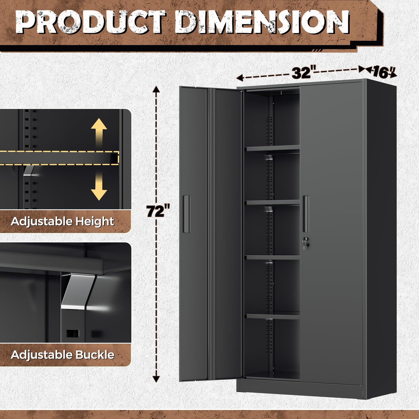 INTERGREAT Metal Storage Cabinet, 72” H Storage Cabinet with 2 Doors and 4 Adjustable Shelves for Office, Home, Garage, Pantry (Assembly Required, Black)