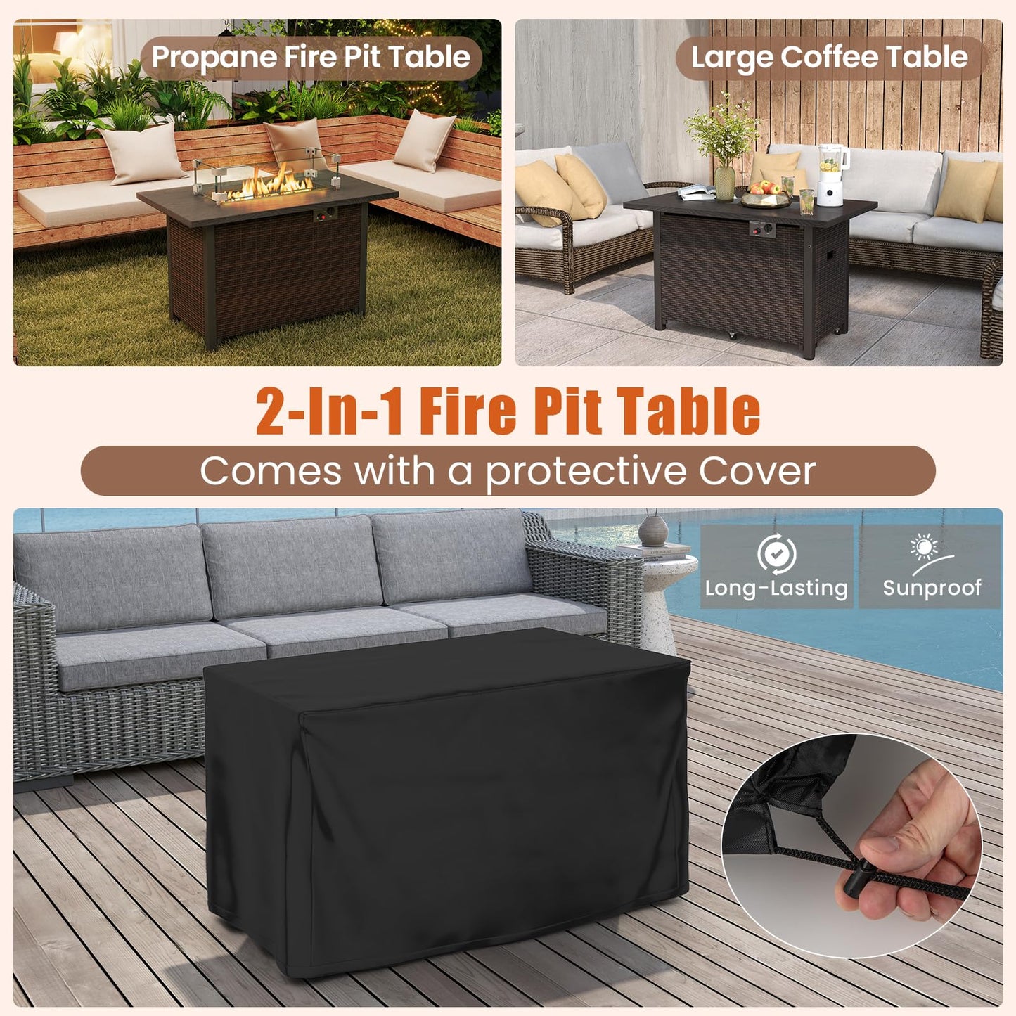 Tangkula Outdoor Propane Fire Pit Table, 42 Inch Rectangular Rattan Fire Table with Wind Guard & Glass Rocks, 50,000 BTU Smokeless Gas Fire Pit for Outside Patio (Brown)