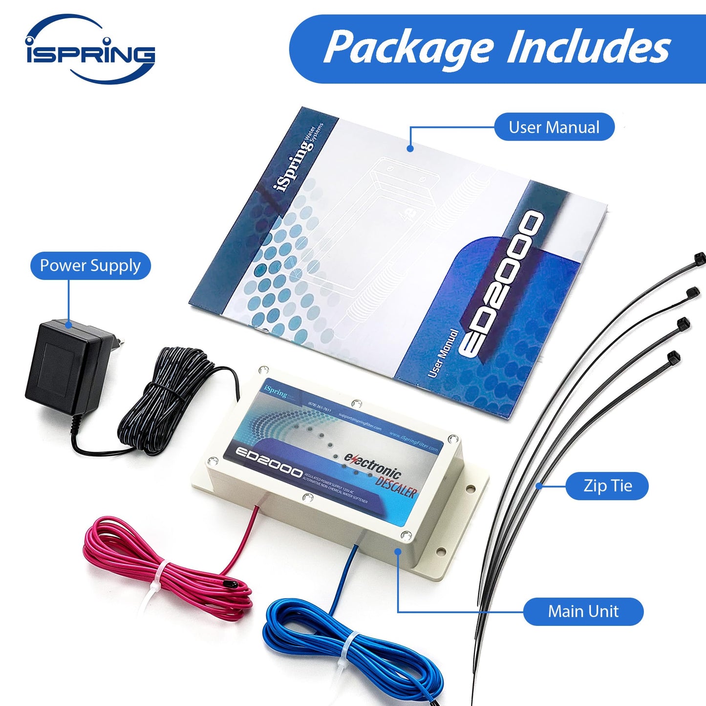iSpring ED2000 Whole House Water Descaler, Alternative Electronic Salt-Free Hard Water Conditioner, Reduces Limescale Prevent Deposits Build-up, Different from a Water Softener