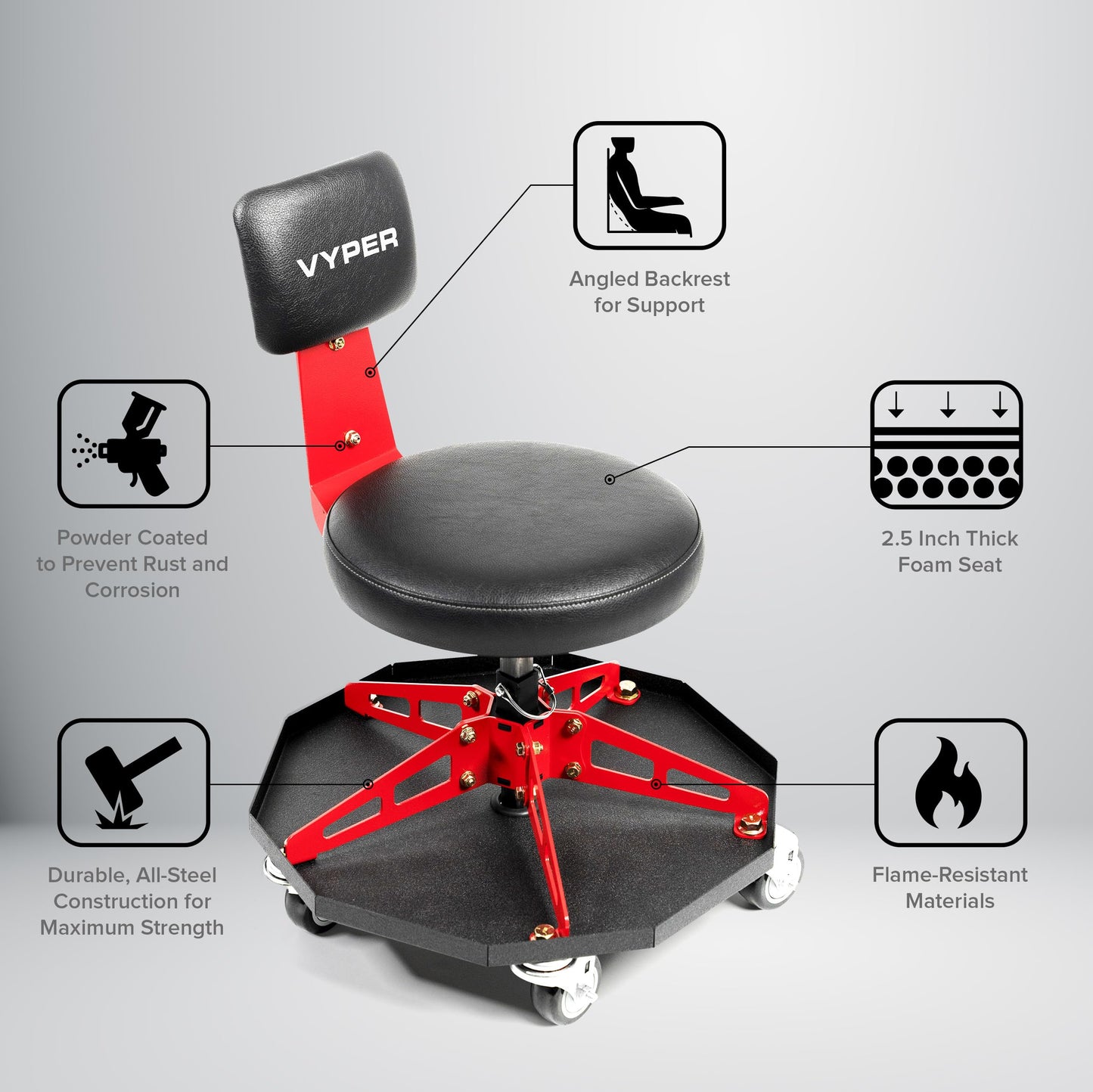 Vyper Robust Steel Sport Shop Chair for Mechanics, Automotive, DIY - Made in USA - 300 lb Capacity Garage Stool with Backrest & Large Wheels (Black Seat, Red Frame)