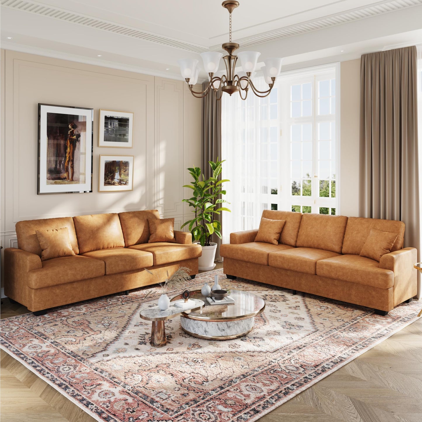 Garvee 86" Faux Leather Sofa, Modern Deep Seat Couch with 2 Throw Pillows, Upholstered Cushion & Removable Cover, Comfy Leather Couch for Small Space, Apartment, Living Room Lounge, Brown