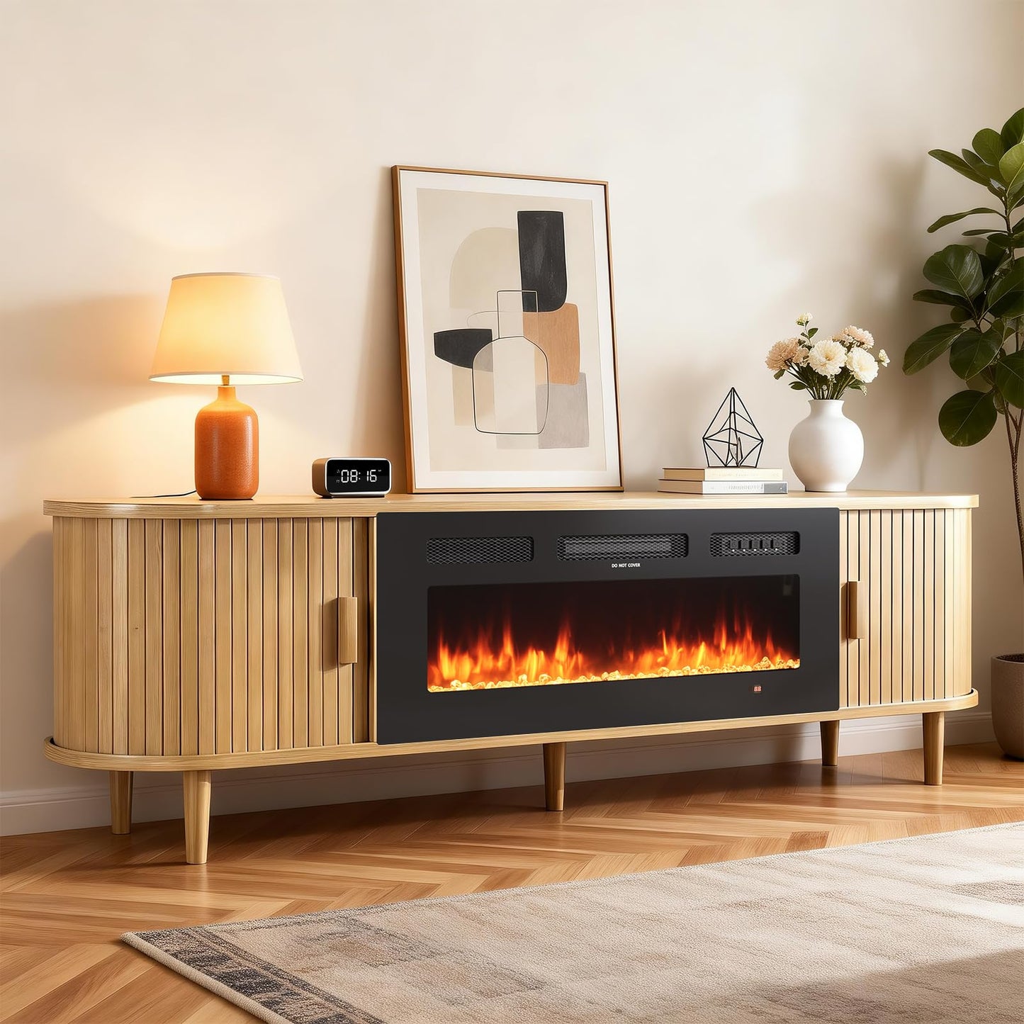 MXV 70″ Fluted Fireplace TV Stand, Mid Century Modern TV Stand with 36″ Fireplace for TVs Up to 80", Entertainment Center with Sliding Door & Solid Wood Legs, for Living Room, Oak
