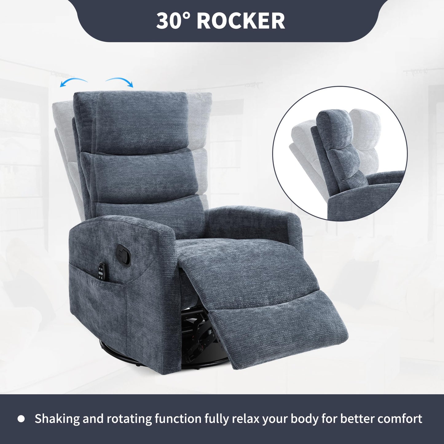 GDFStudio Heat Massage Manual Recliner Chair with Rocking and 360° Swivel, Chenille Fabric Recliner Chair with Lumbar Heat, 8-Point Vibration Massage, 155° Reclining Chair for Living Room, Blue Grey