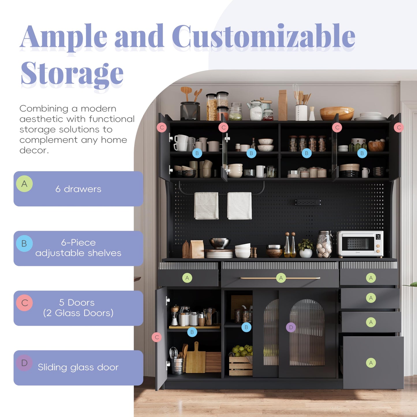 Merax Freestanding 63" W Buffet with Hutch, Large Coffee Bar Storage Cabinet with 6 Drawers, 5 Cabinets with Adjustable Shelves, Pegboard, Towel Rack, Black