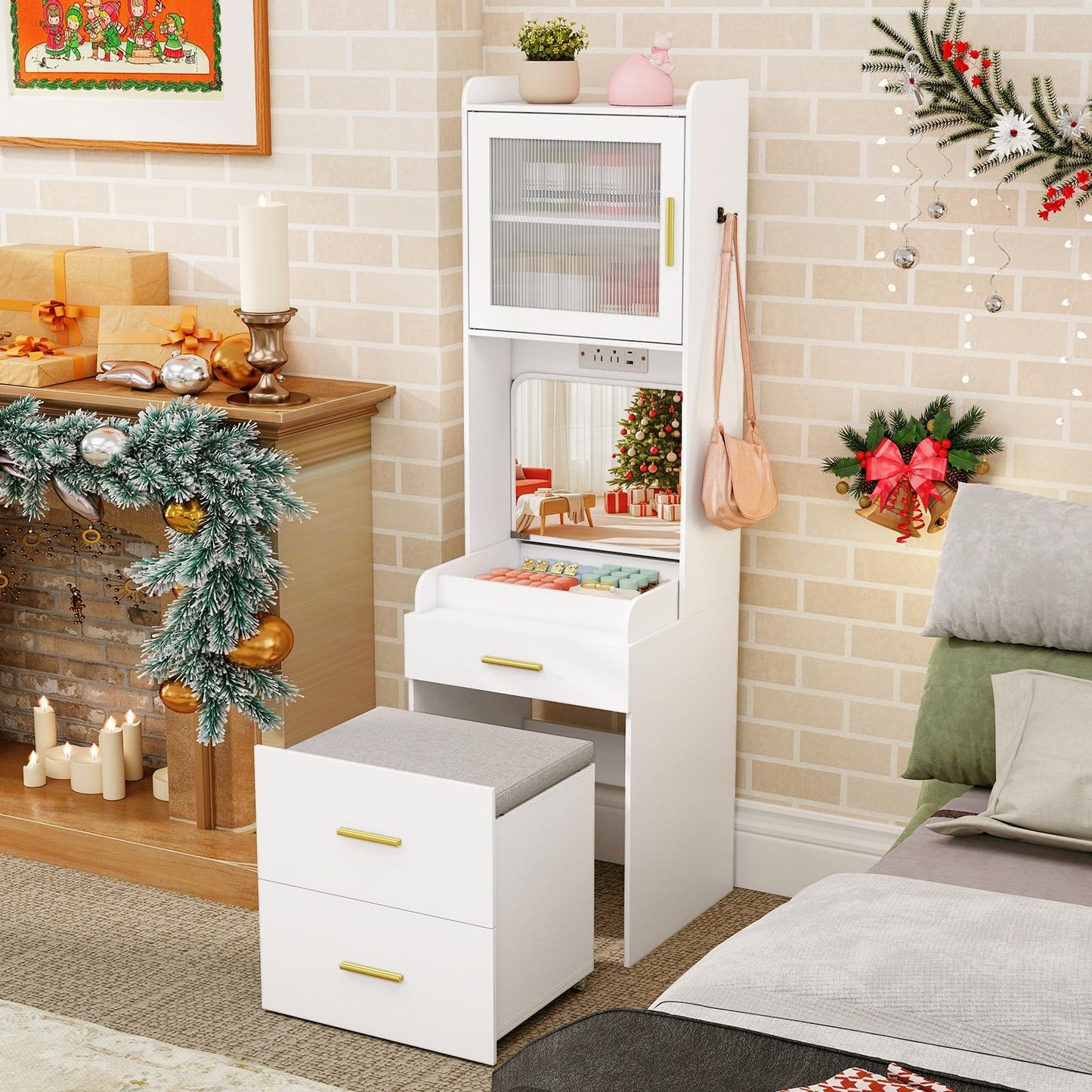 CHARMAID 3-in-1 Vanity Desk with Flip Top Mirror, Storage Stool on Wheels, Compact Makeup Vanity Table with Charging Station, Fluted Cabinet & Drawers, Tall Nightstand for Bedroom & Apartment, White
